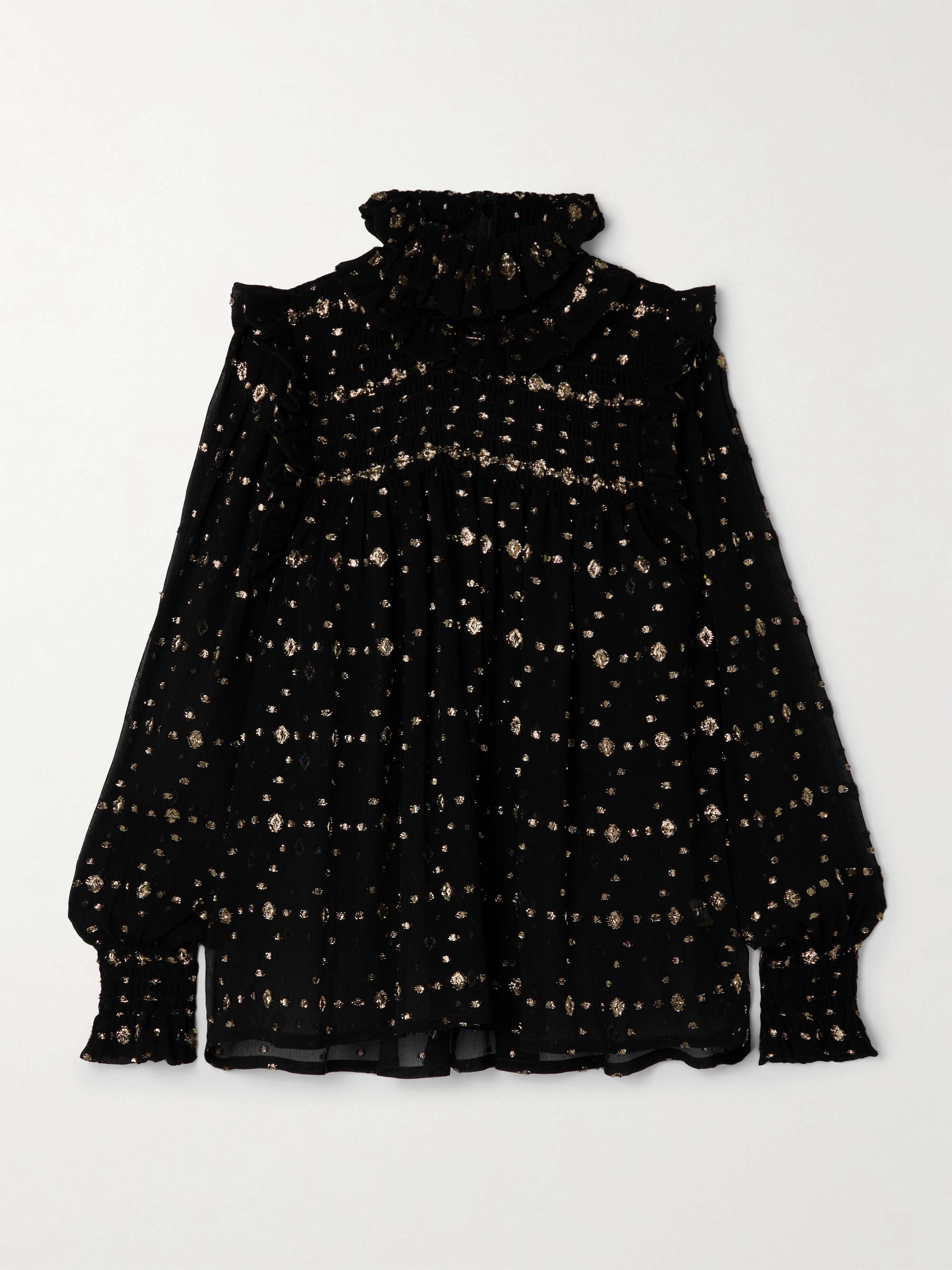 Ruffled shirred metallic silk-blend fil coupé crepon blouse view