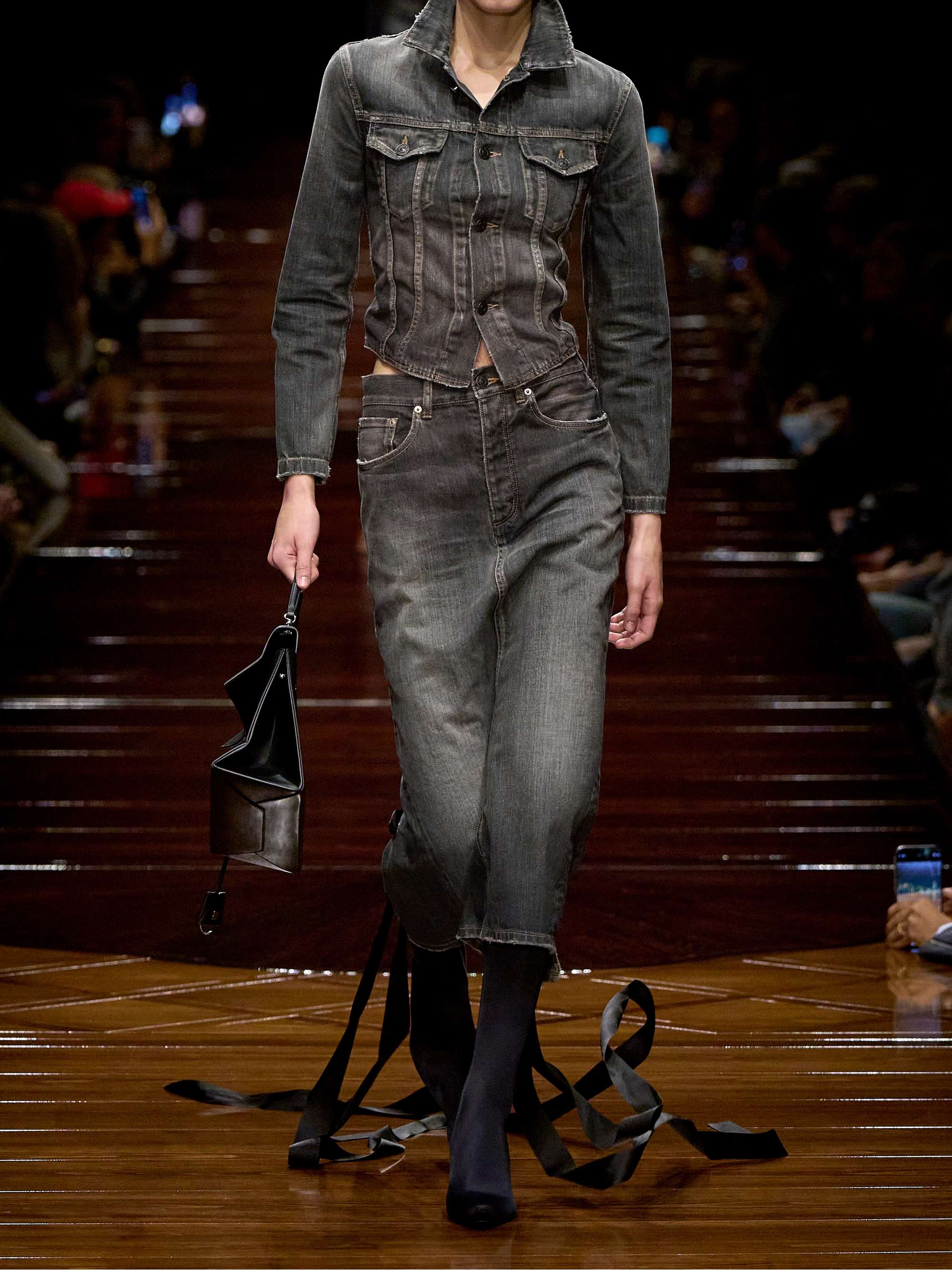 Lace-up satin-trimmed denim jacket view