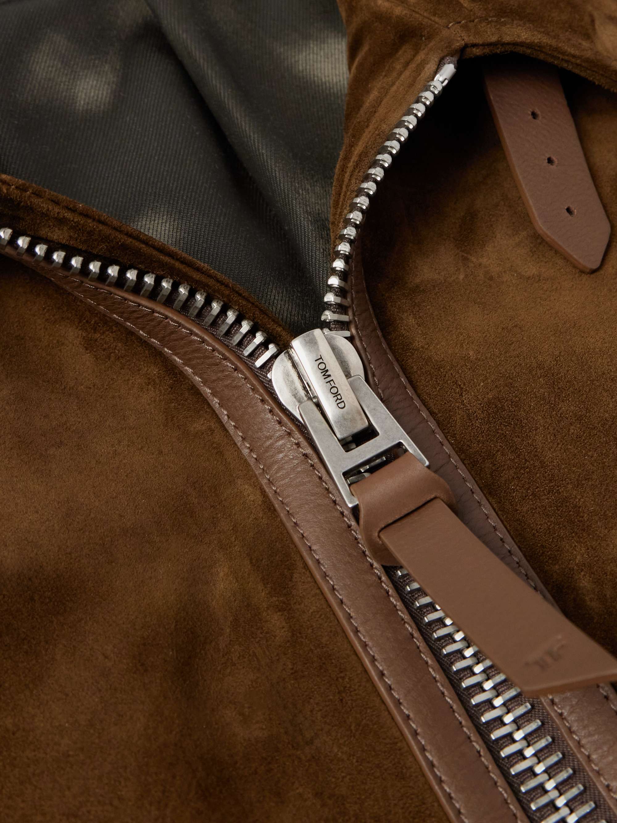Leather-Trimmed Suede Bomber Jacket view