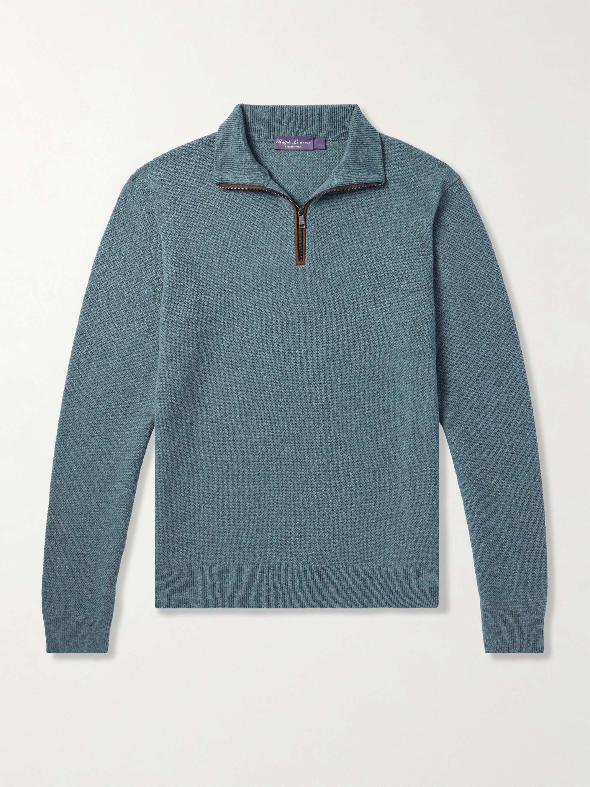 Suede-Trimmed Cashmere Half-Zip Sweater view