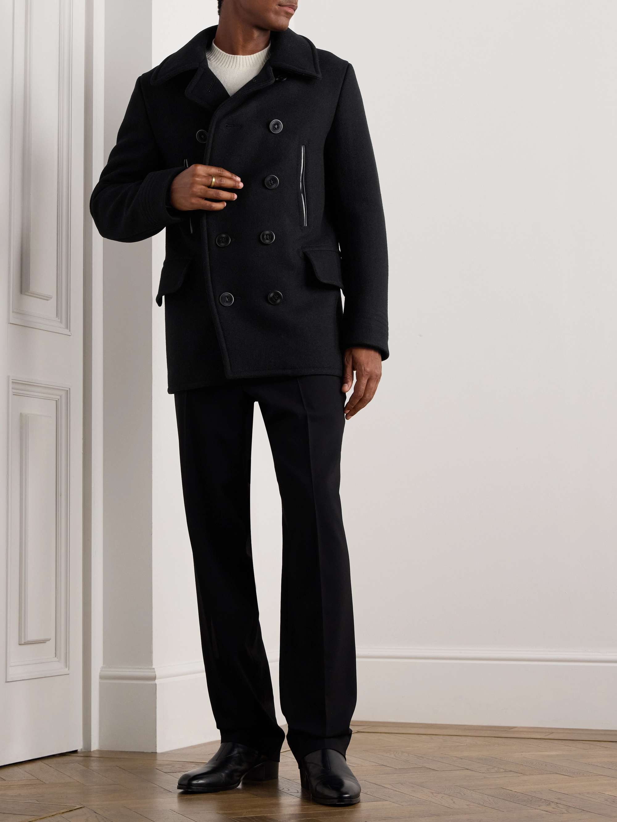 Leather-Trimmed Wool-Blend Peacoat view