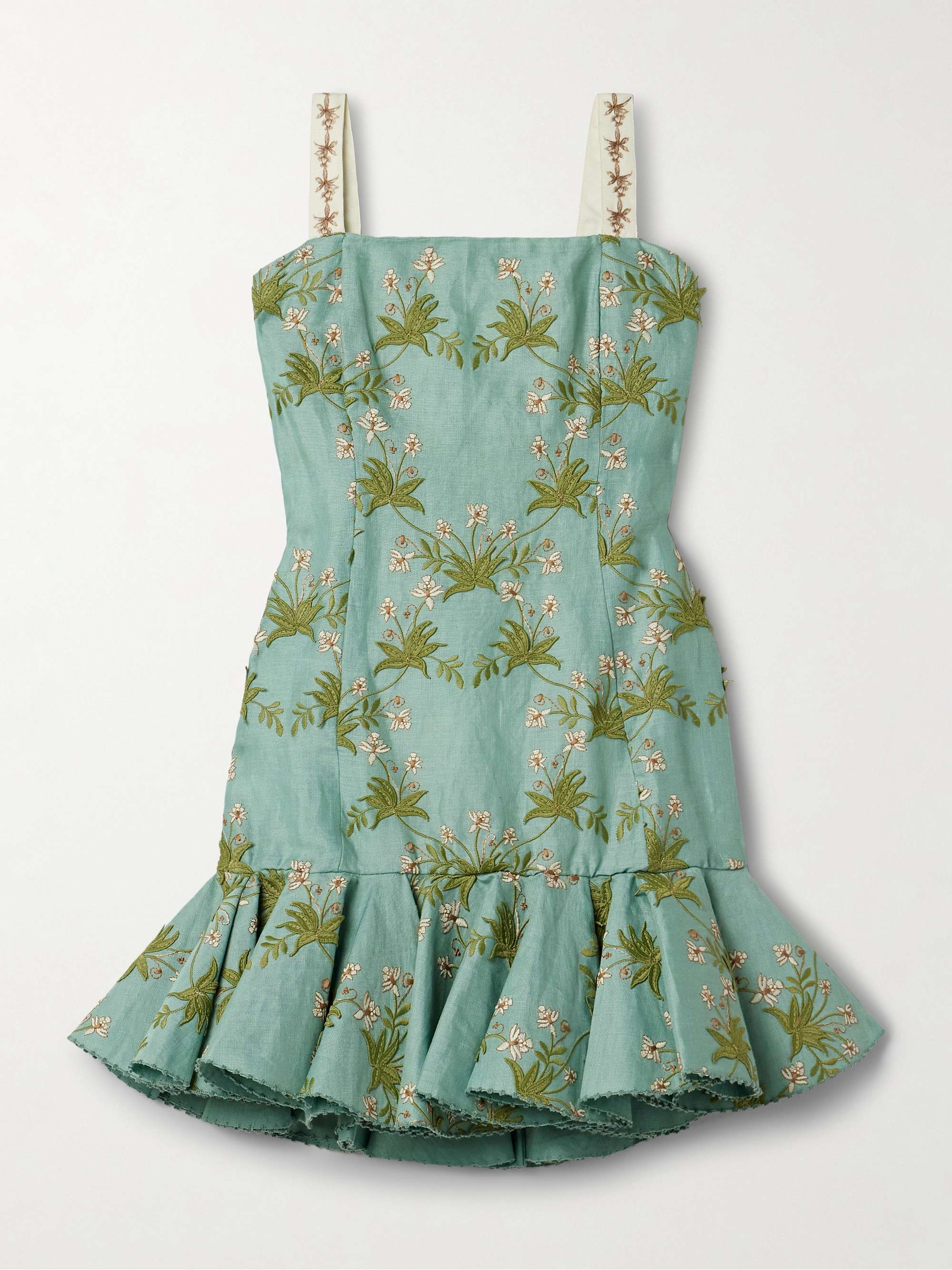 Tumbao Orquidea ruffled appliquéd embroidered linen mini dress view
