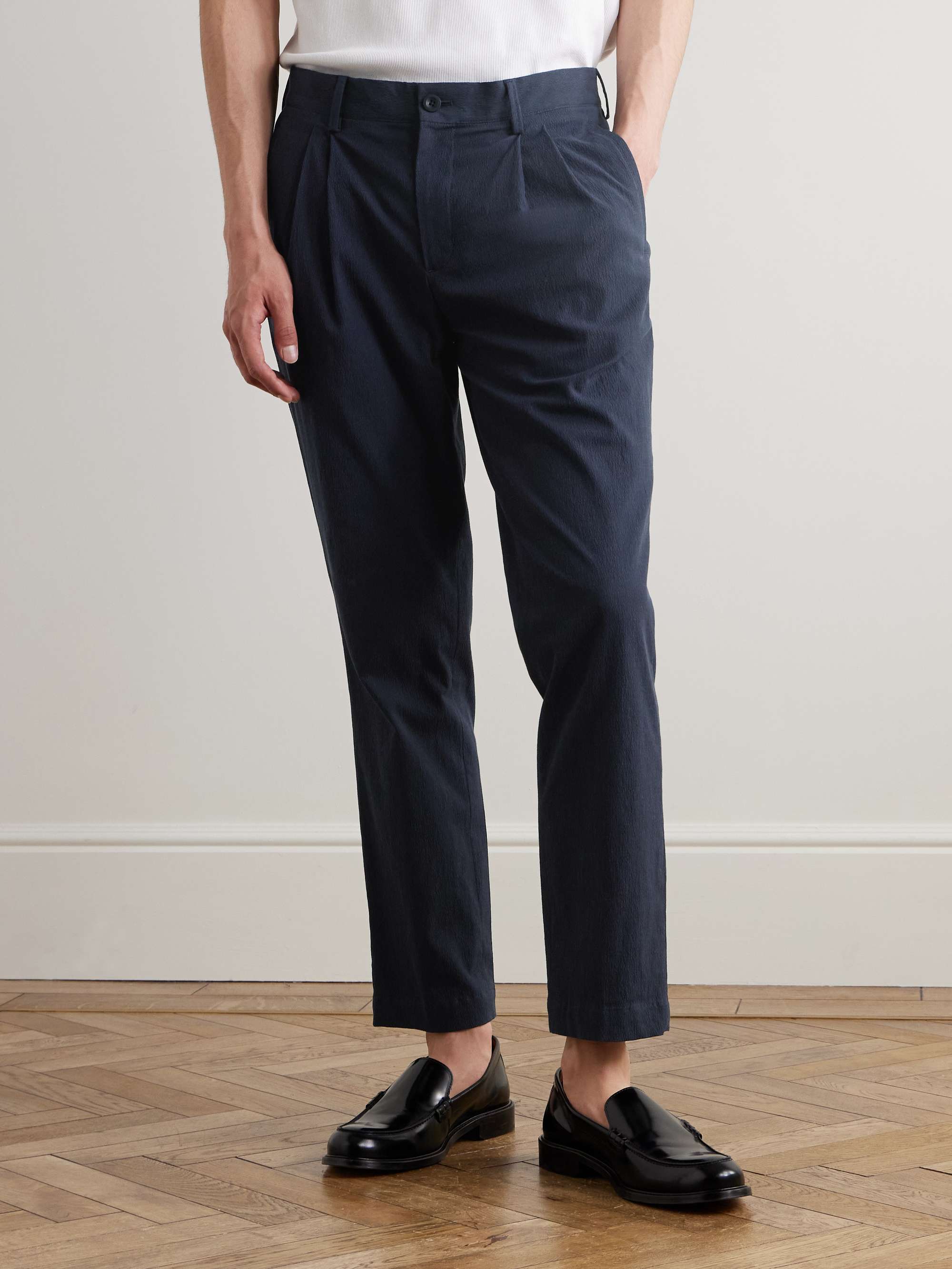 Steve Straight-Leg Pleated Organic Cotton-Blend Seersucker Trousers view