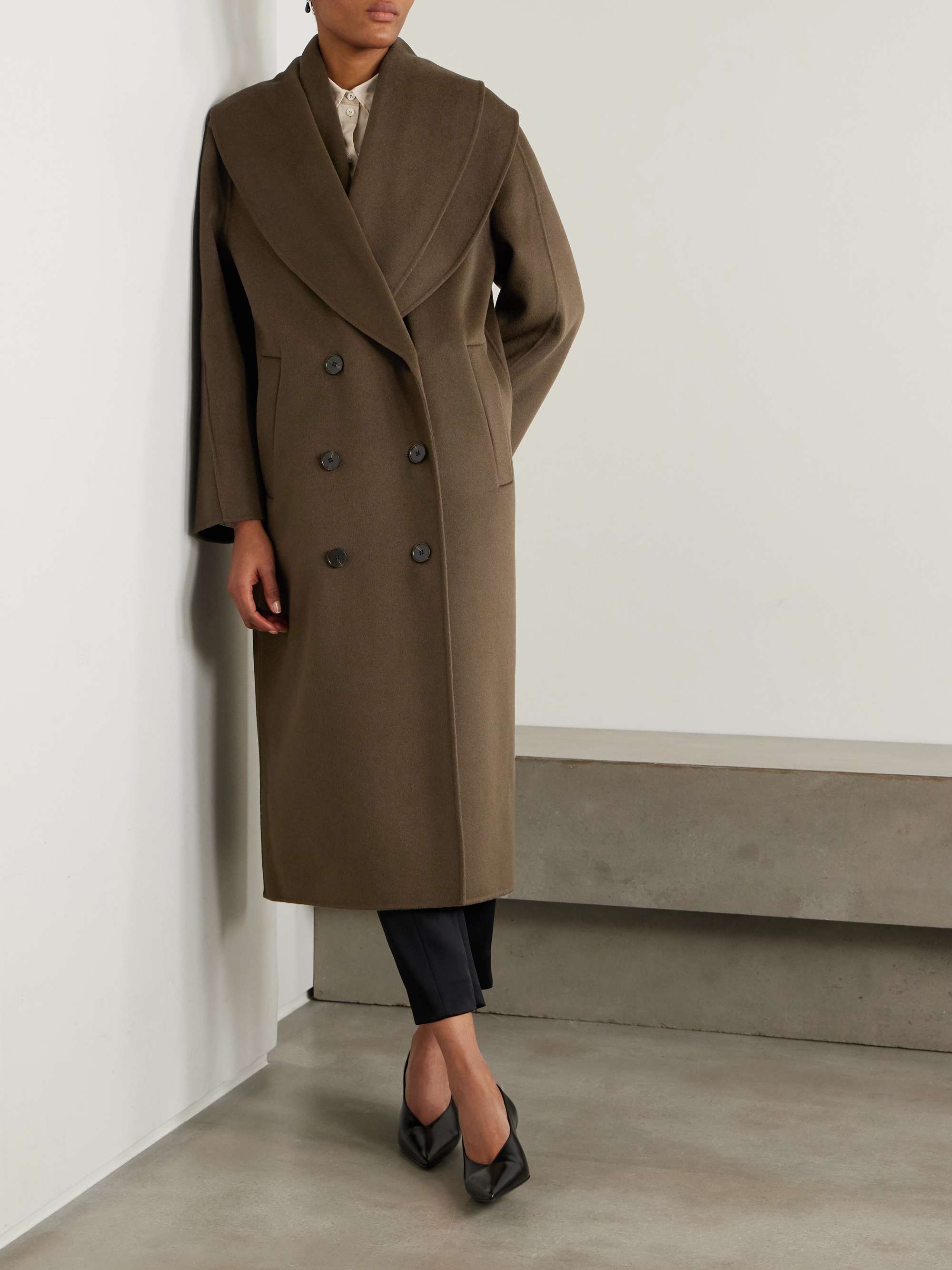 Double-breasted scarf-detailed layered wool coat view