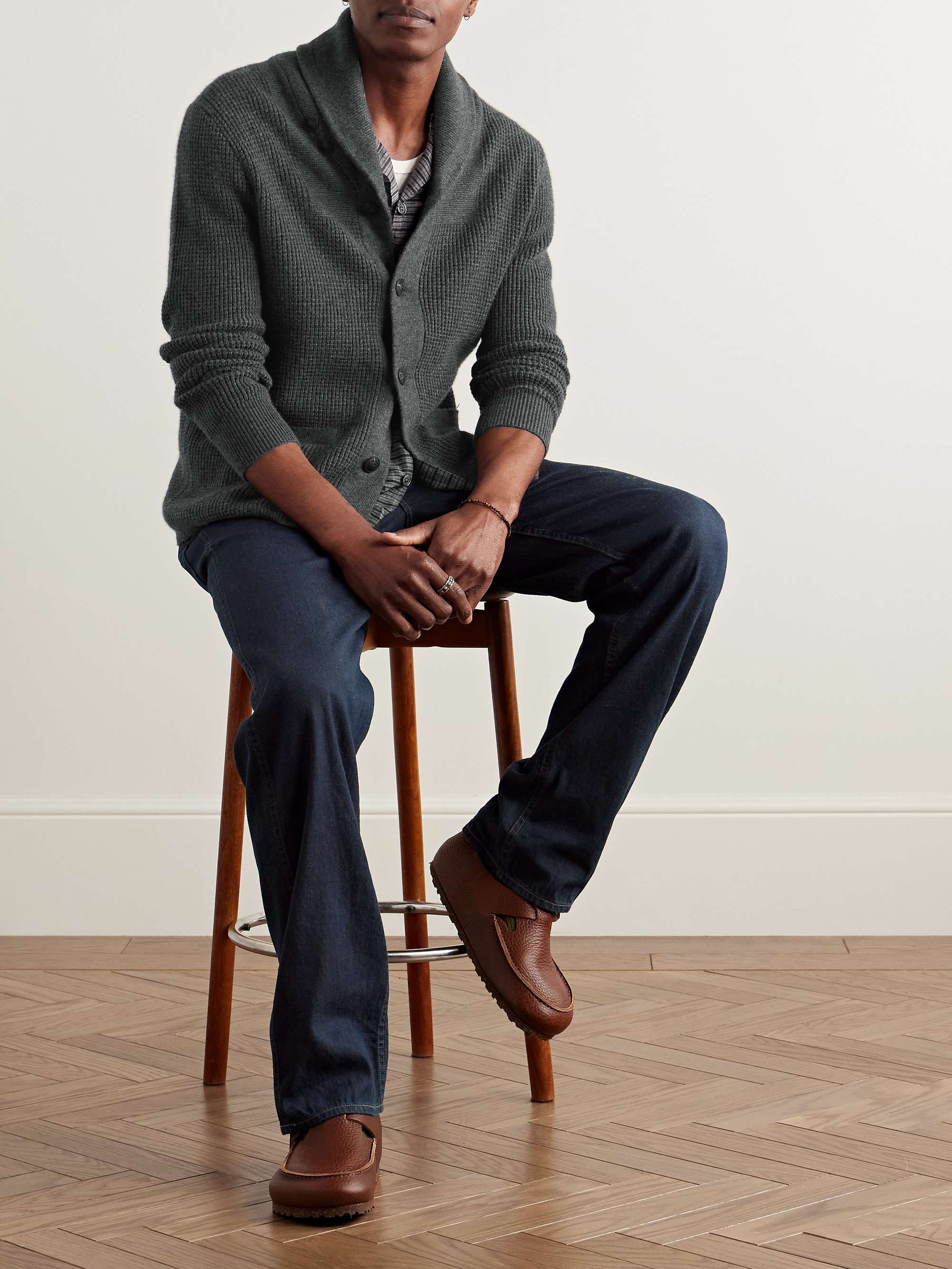 Shawl-Collar Waffle-Knit Cashmere Cardigan view