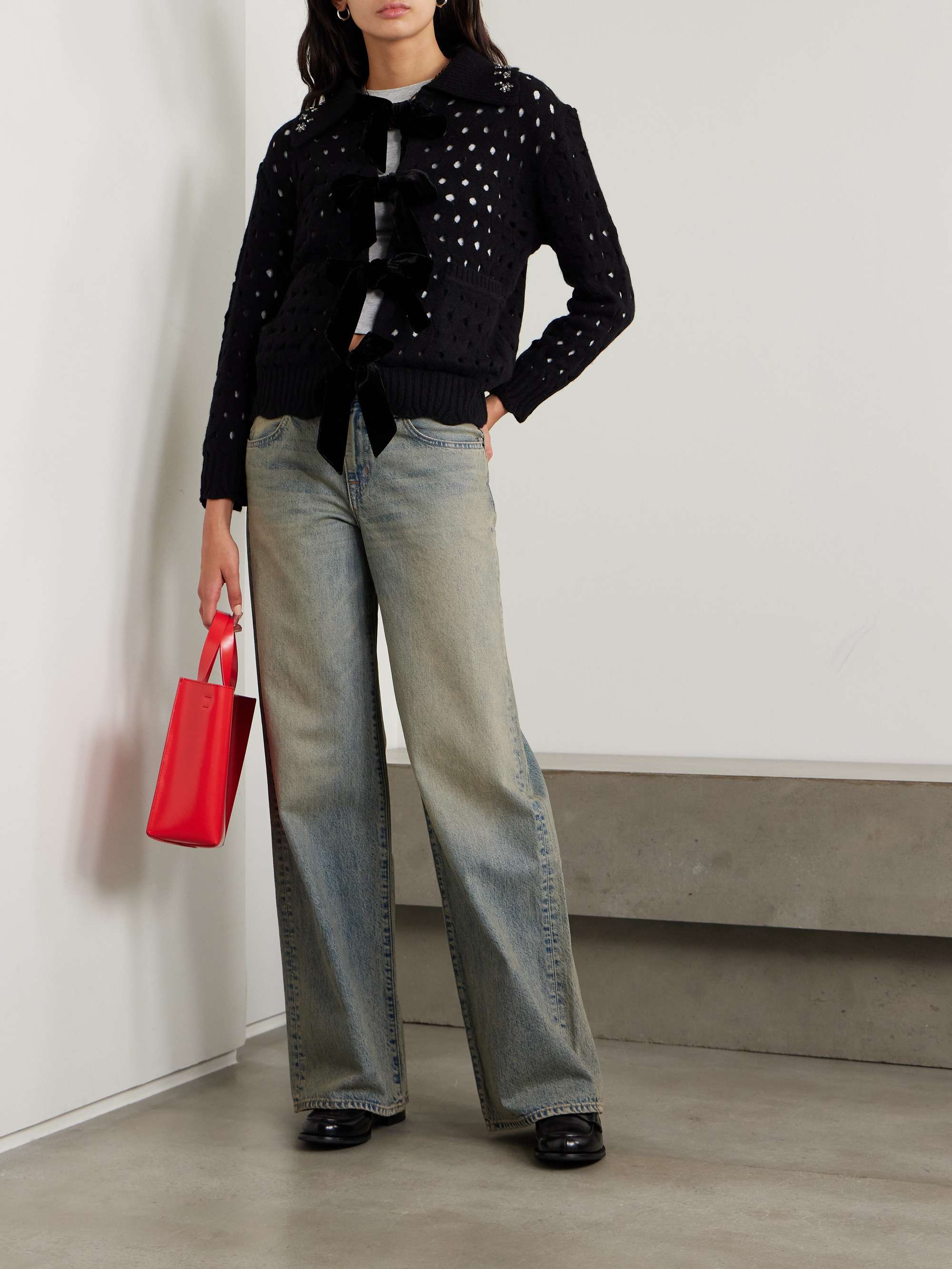 Leia embellished velvet-trimmed open-knit wool cardigan view