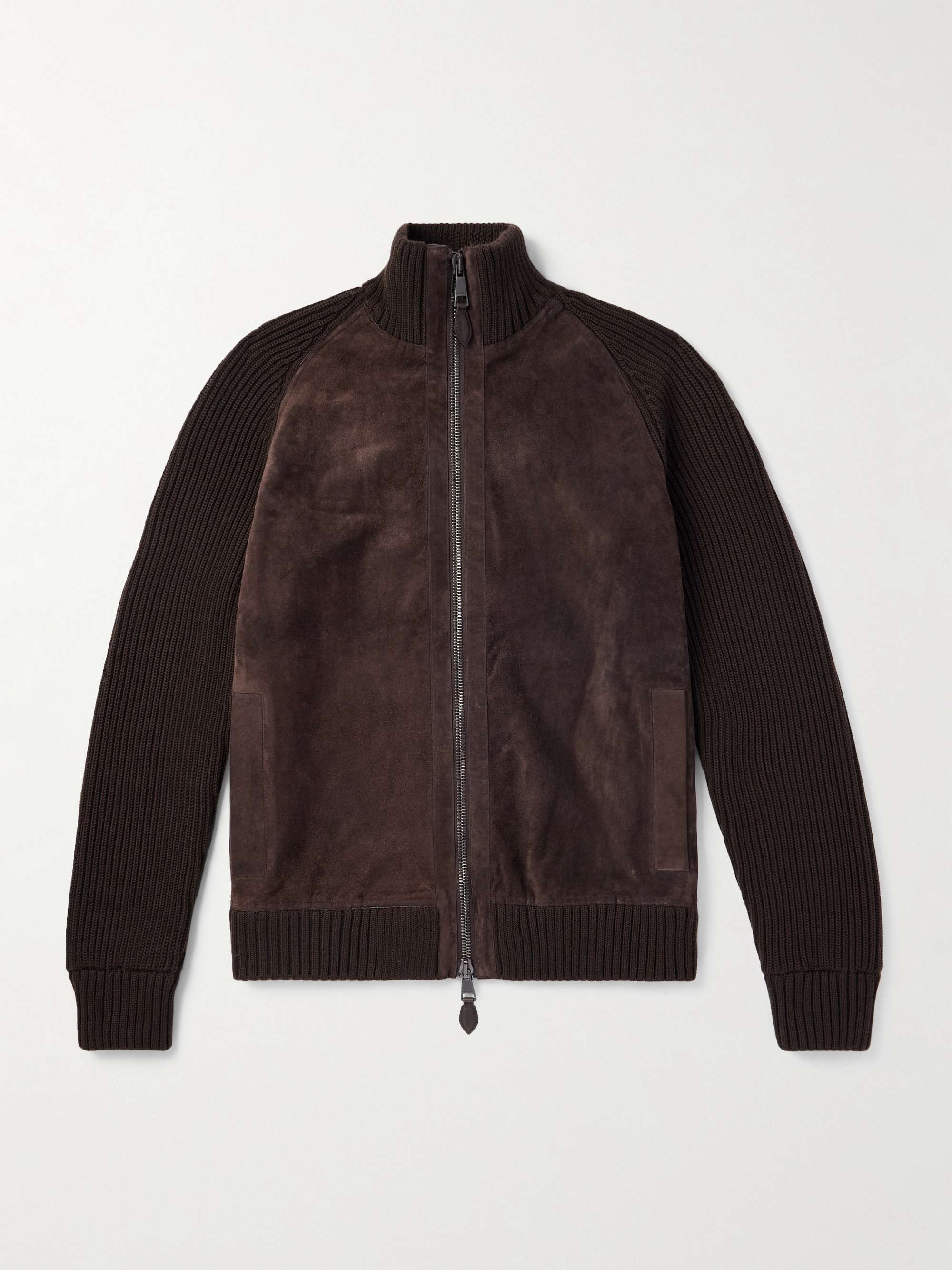 Panelled Ribbed Merino Wool and Suede Cardigan view