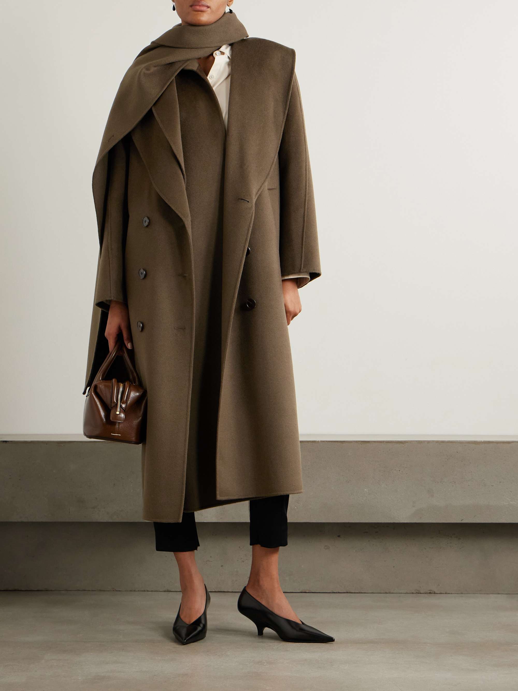 Double-breasted scarf-detailed layered wool coat view