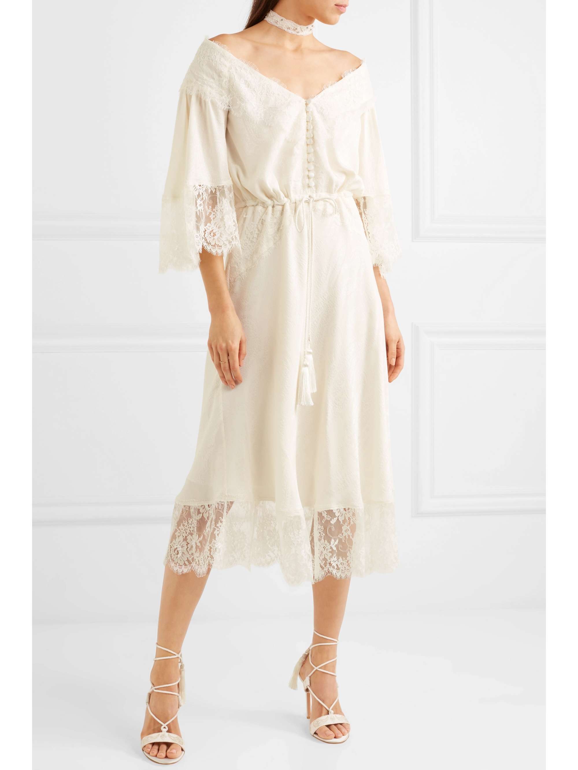 Lace-paneled silk-jacquard midi dress view