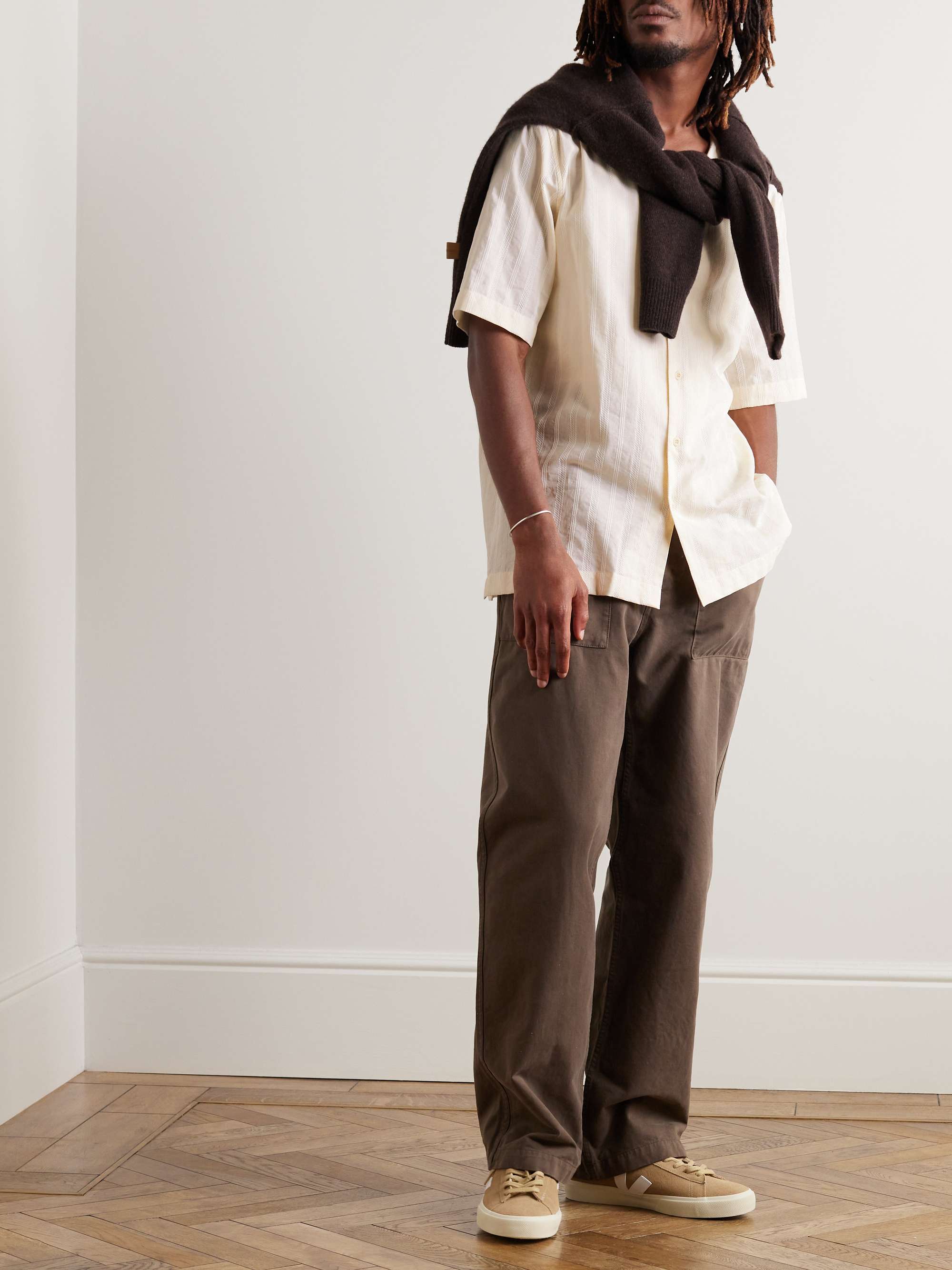 Convertible-Collar Embroidered Striped Cotton Shirt view