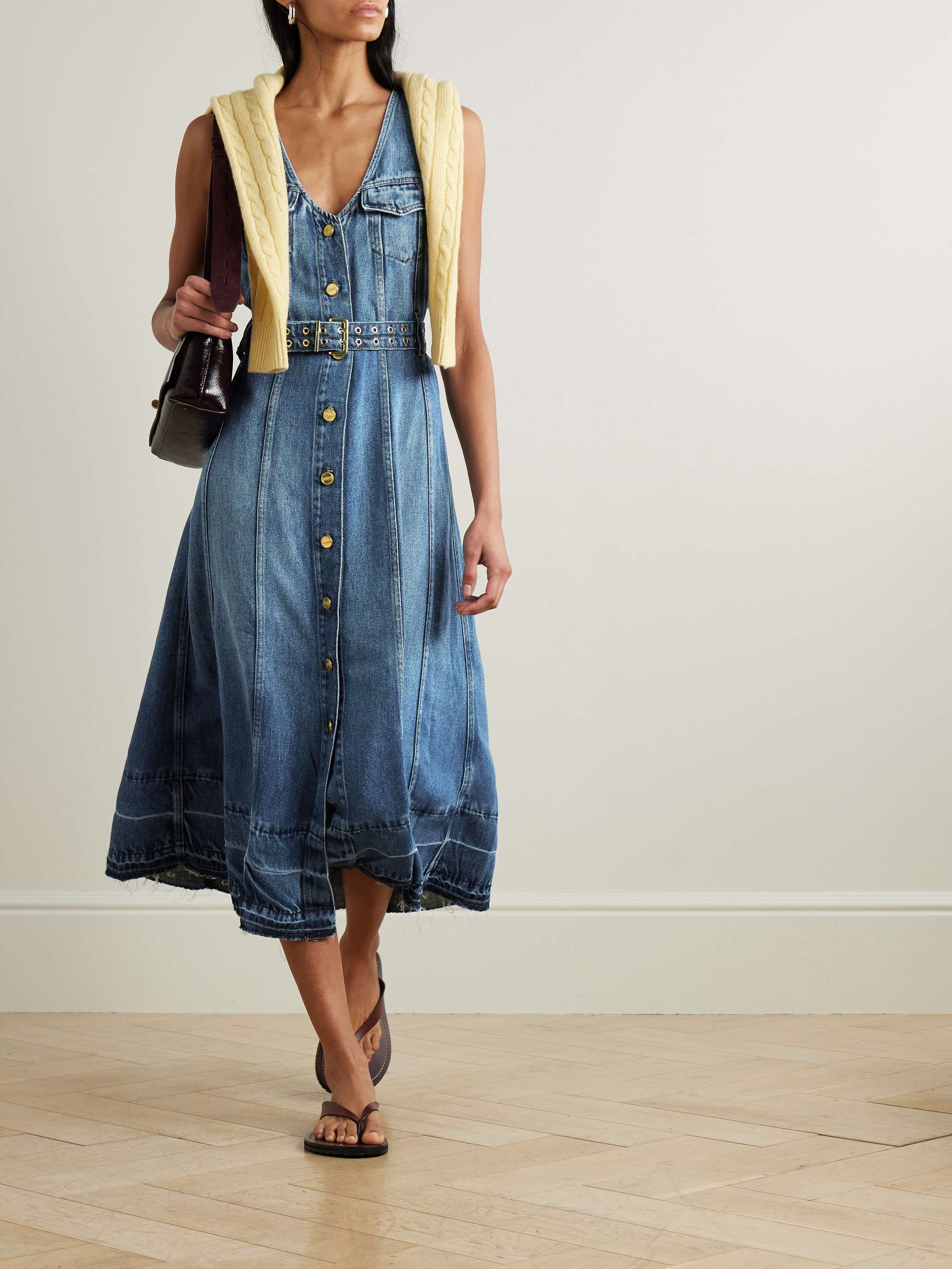 Belted frayed denim midi dress view