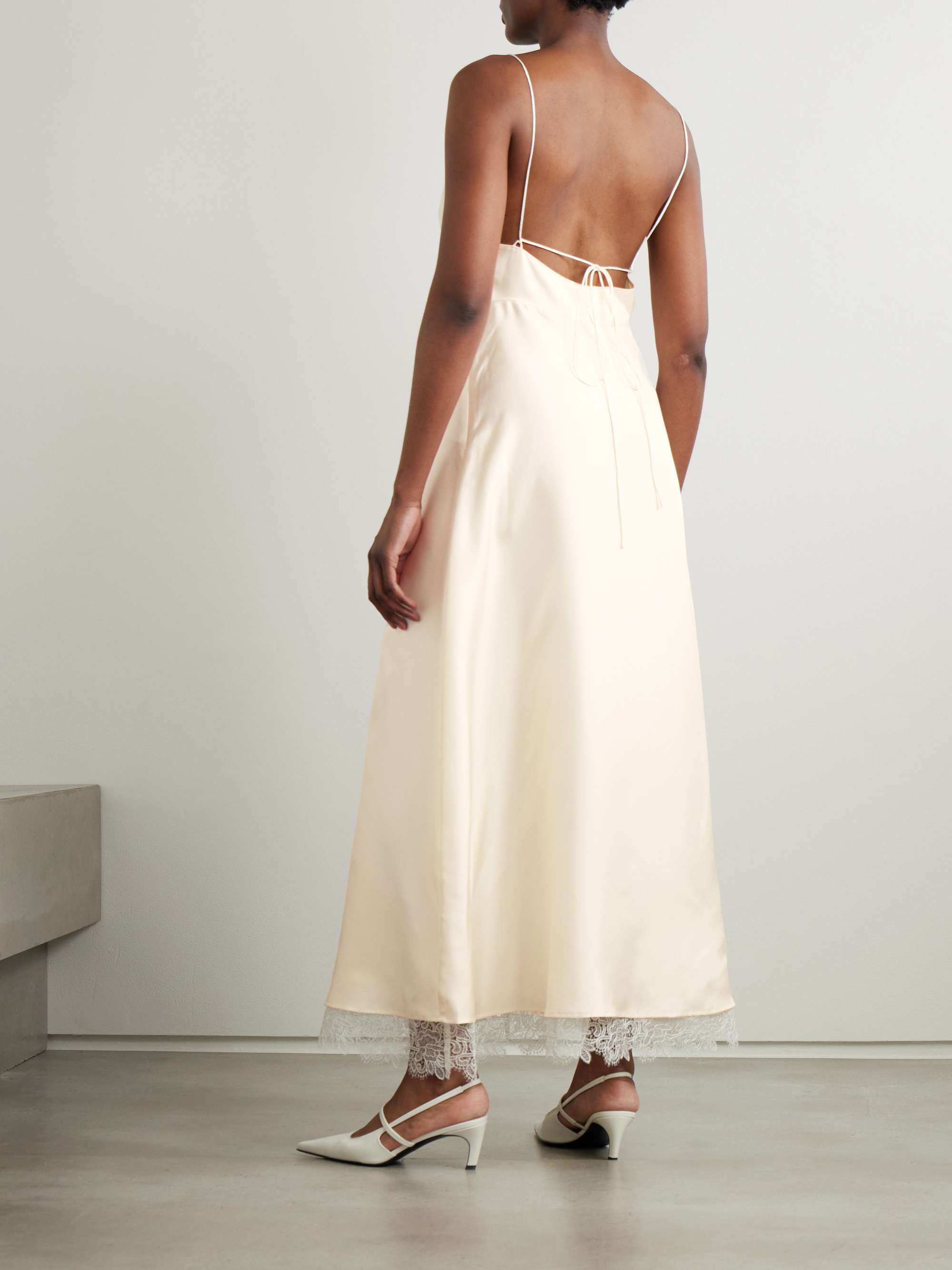 Tie-back lace-trimmed silk maxi dress view
