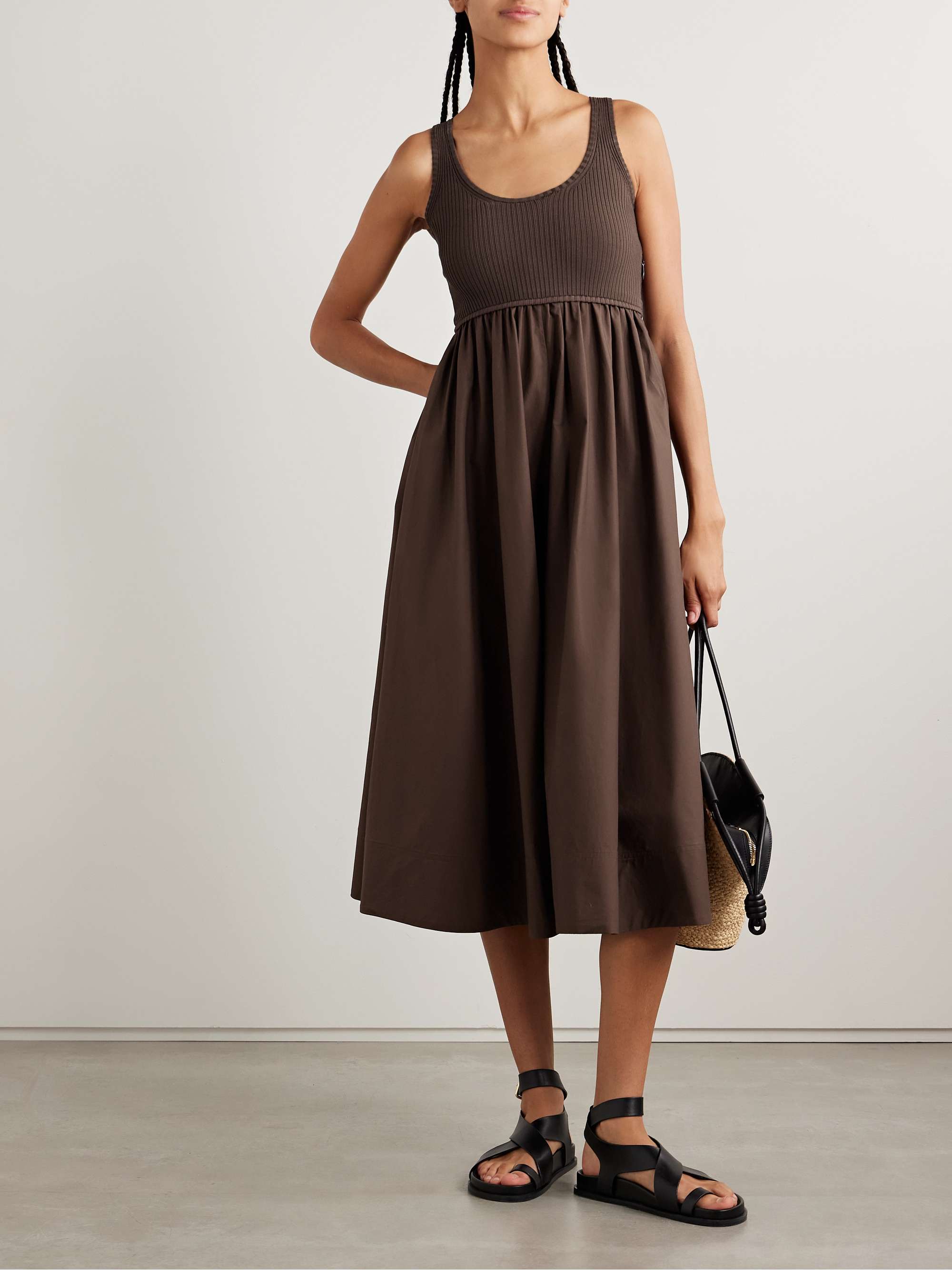 Ribbed-knit and cotton-poplin midi dress view