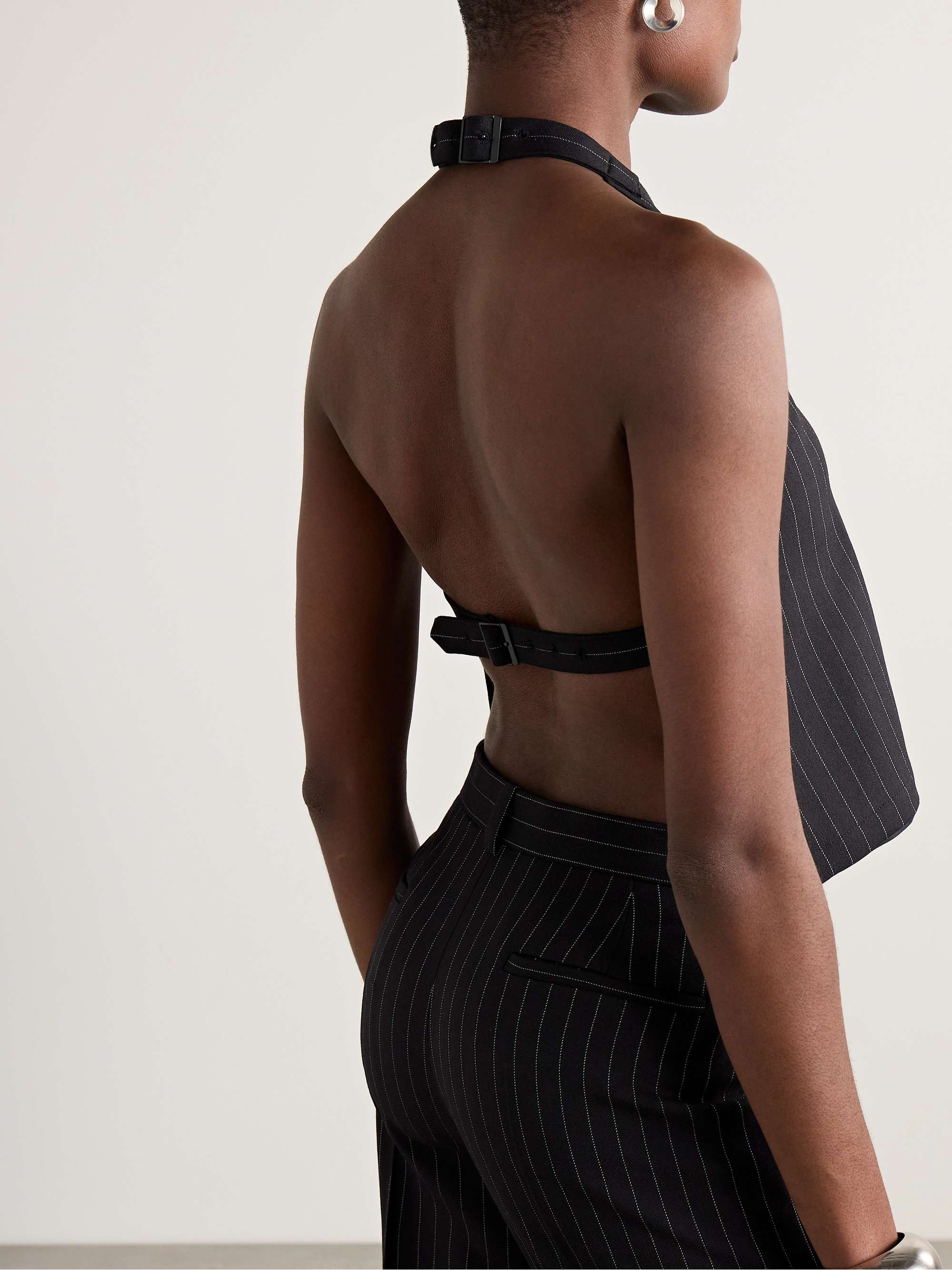 Open-back pinstriped wool-twill halterneck tank view