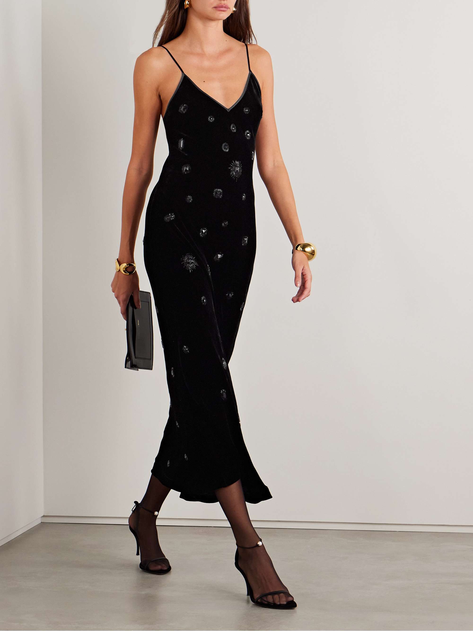 Embellished silk-satin trimmed velvet midi dress view