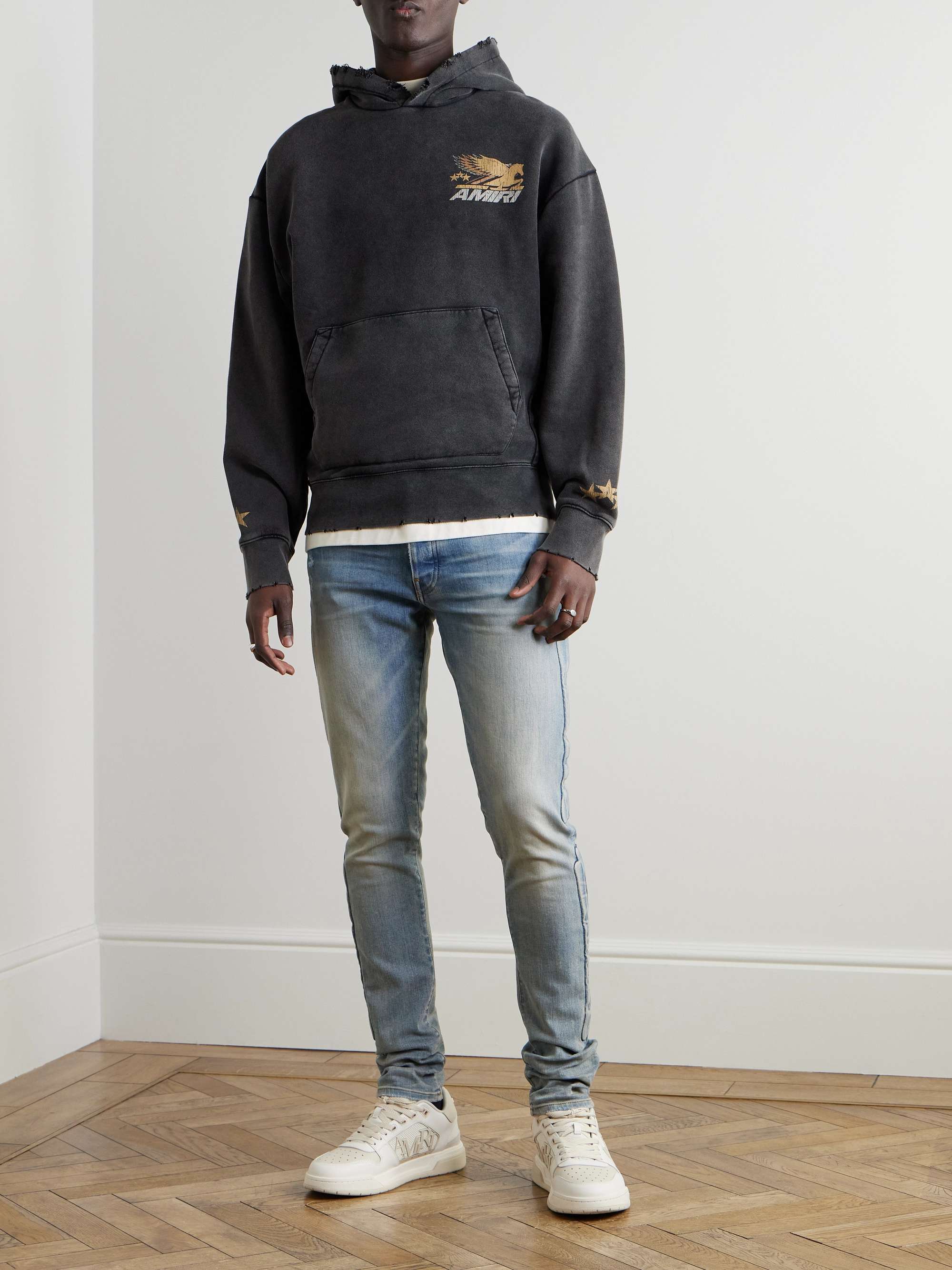 3D Bones Skinny-Fit Distressed Appliquéd Jeans view