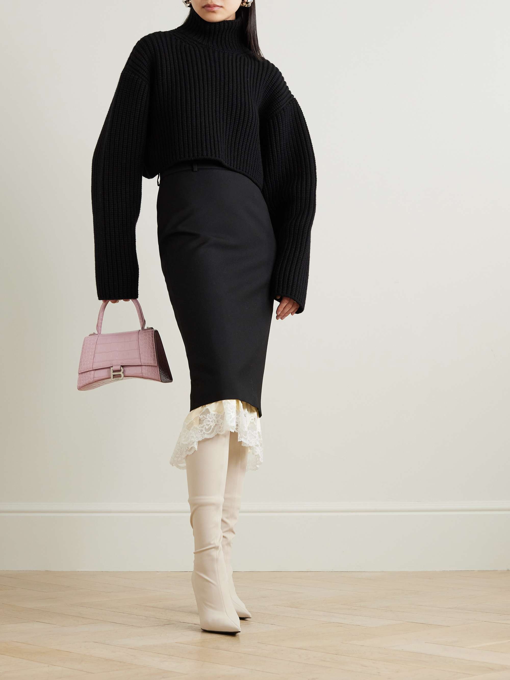 Stretch-jersey and lace-trimmed wool-gabardine midi skirt view