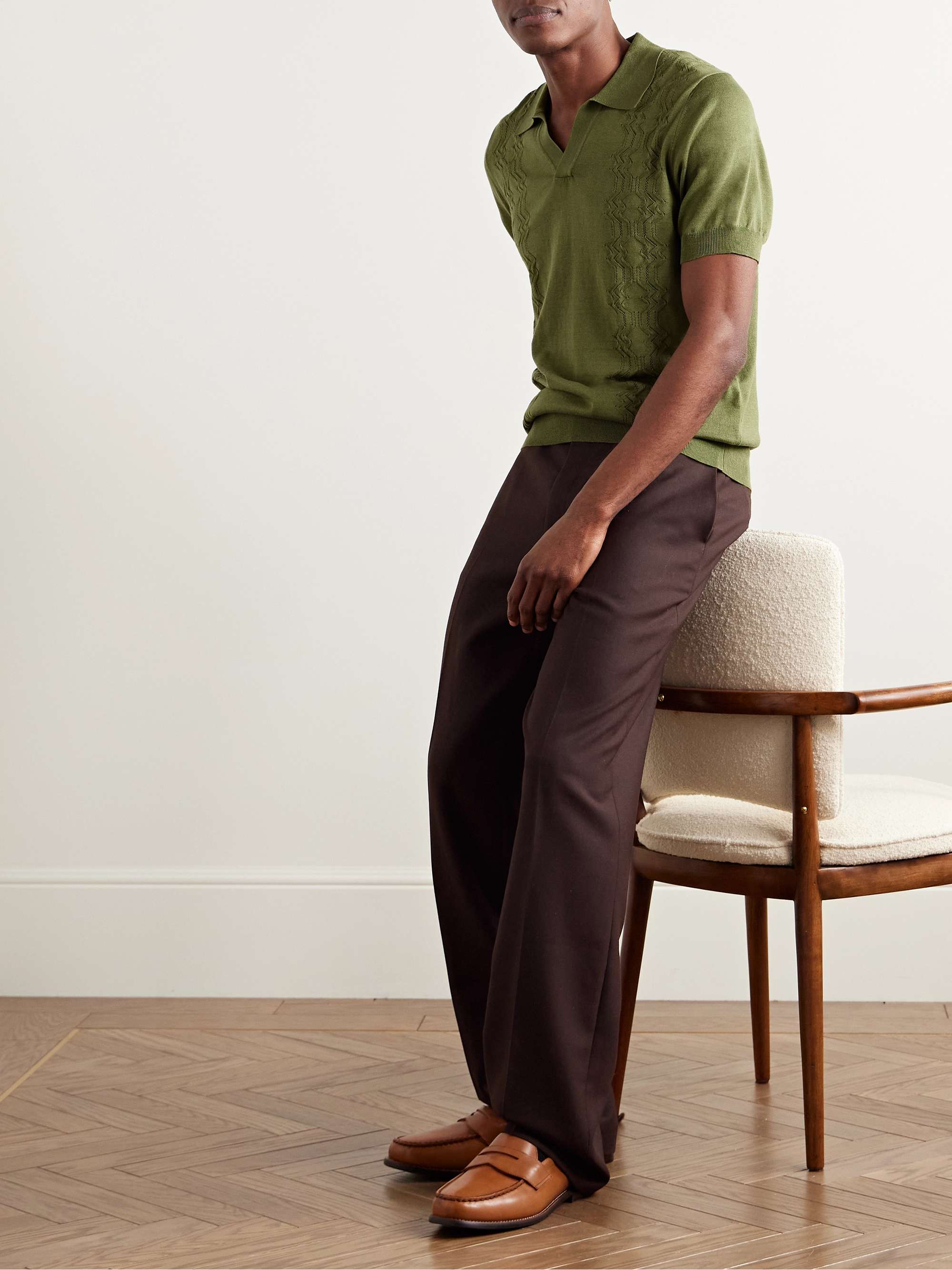 Pointelle-Knit Silk and Cotton-Blend Polo Shirt view