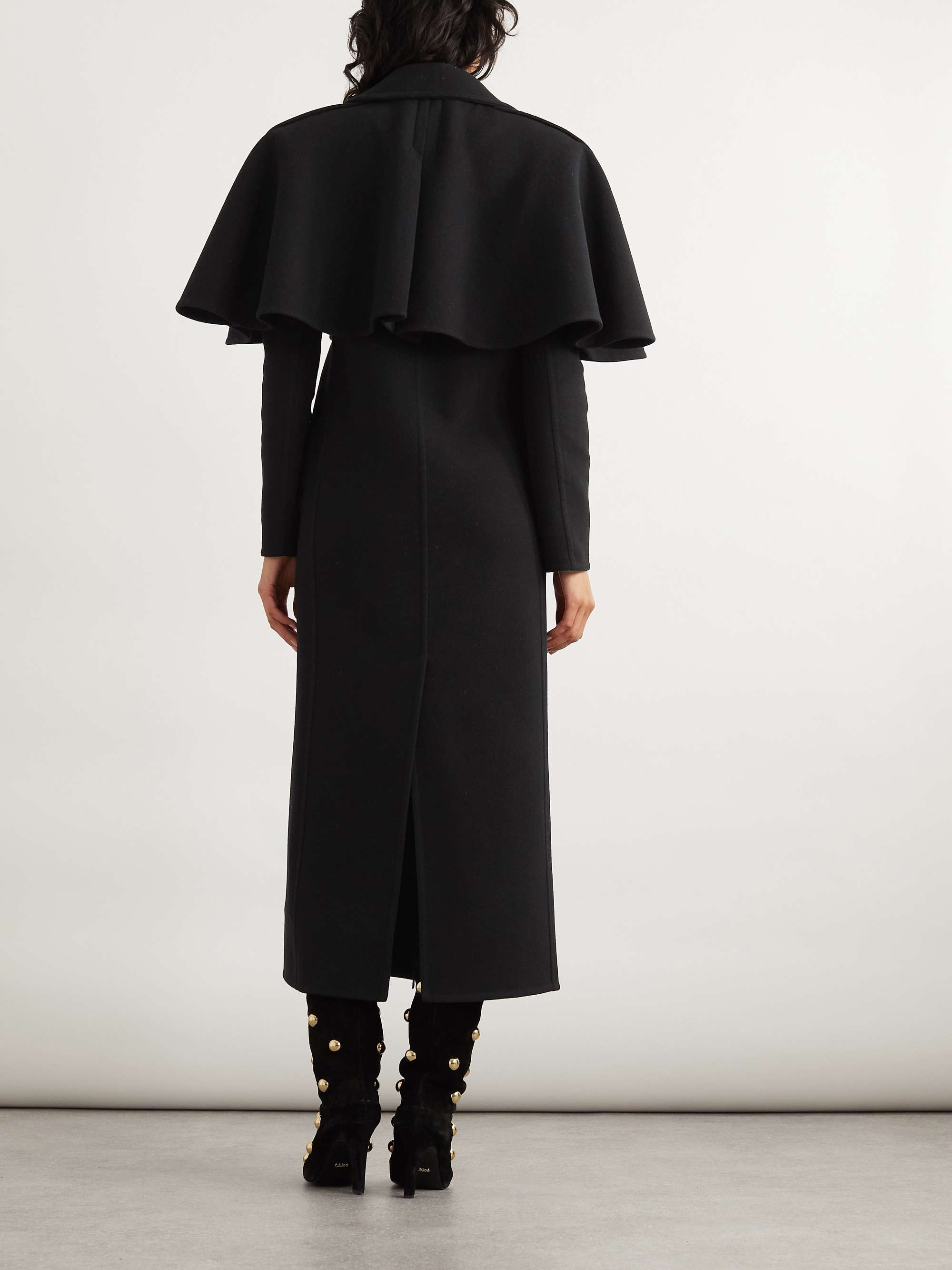 Cape-effect double-breasted leather-trimmed wool coat view