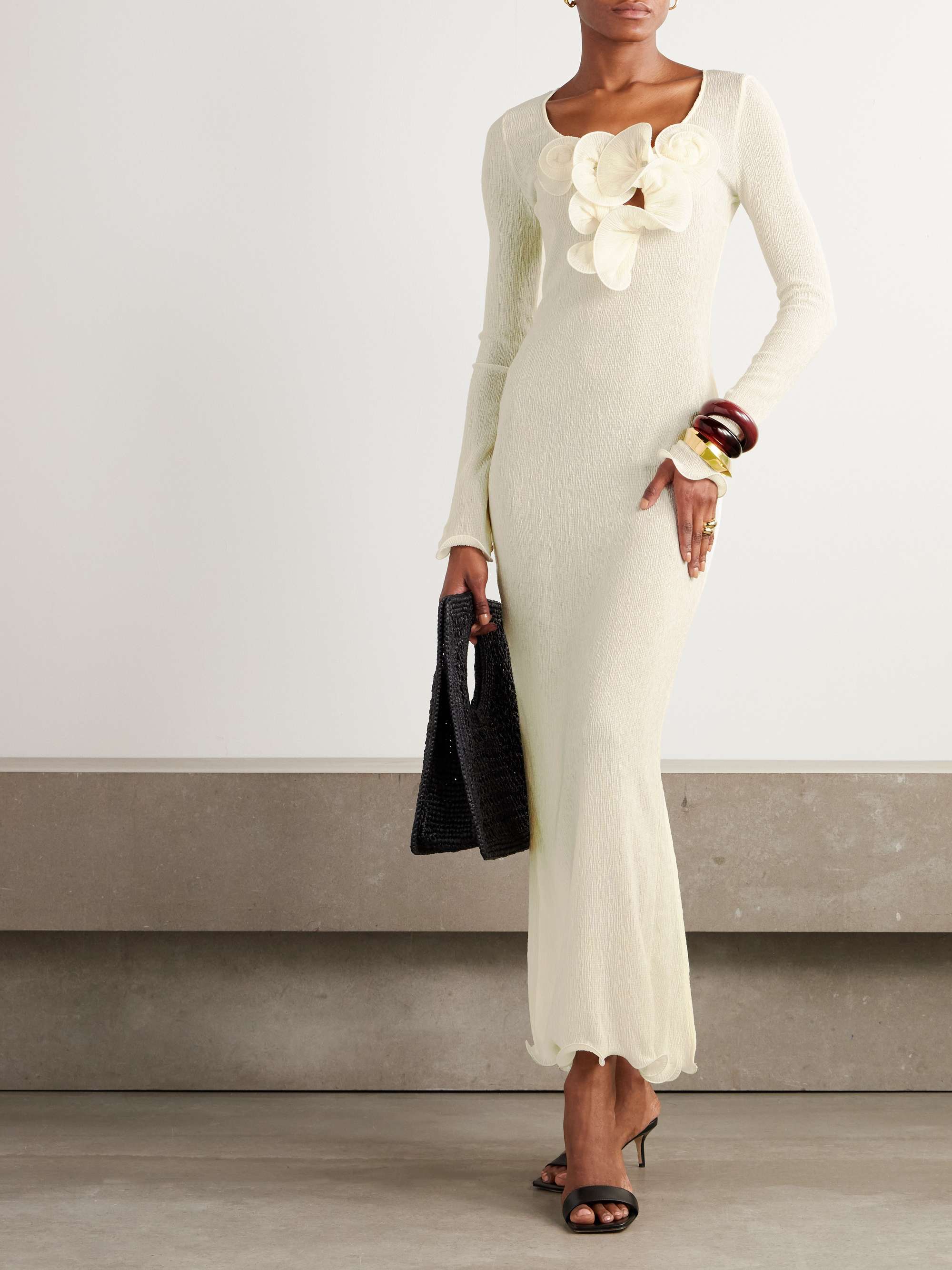 Appliquéd ruffled ribbed Lyocell-blend midi dress view