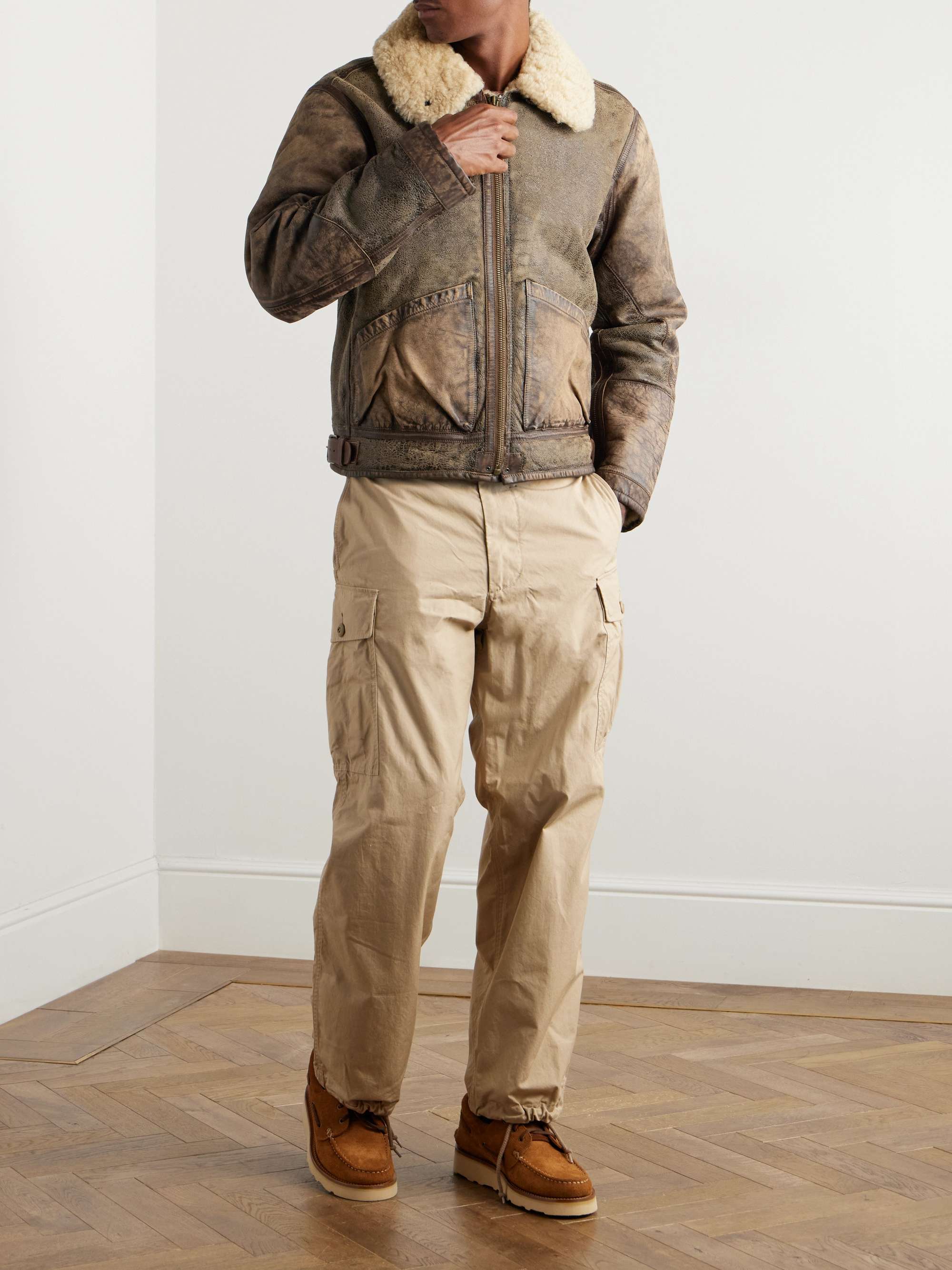 Distressed Shearling Bomber Jacket view