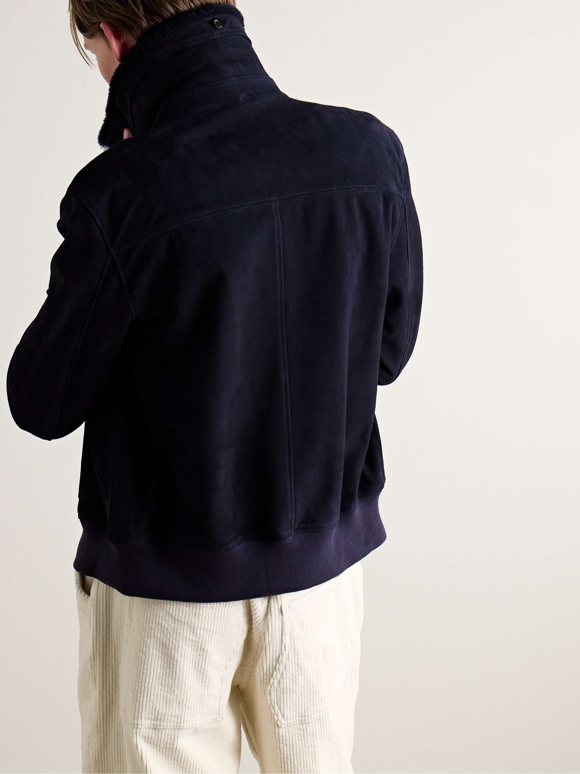 Shearling-Trimmed Suede Bomber Jacket view