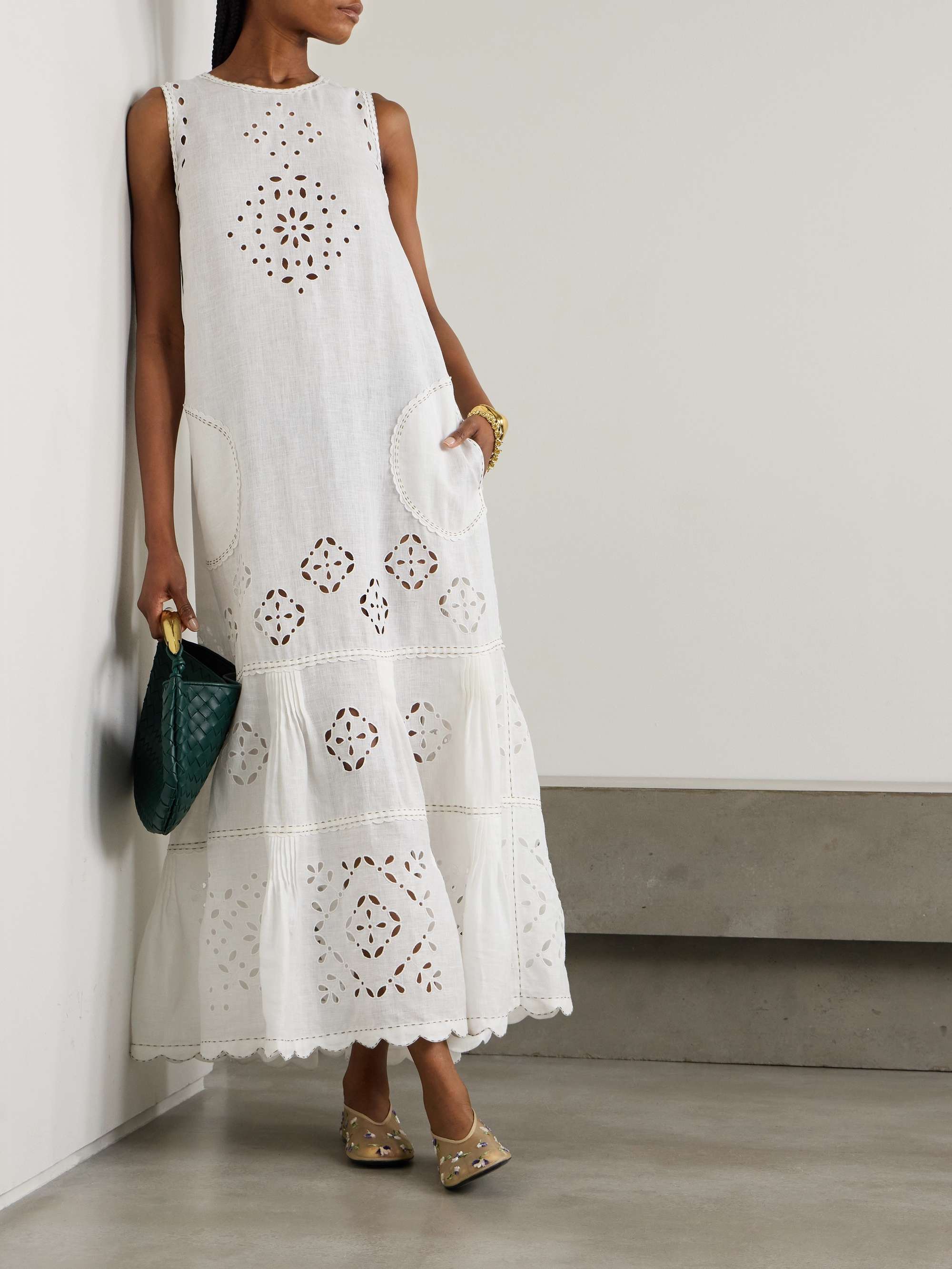 Karry belted tiered embroidered broderie anglaise linen maxi dress view