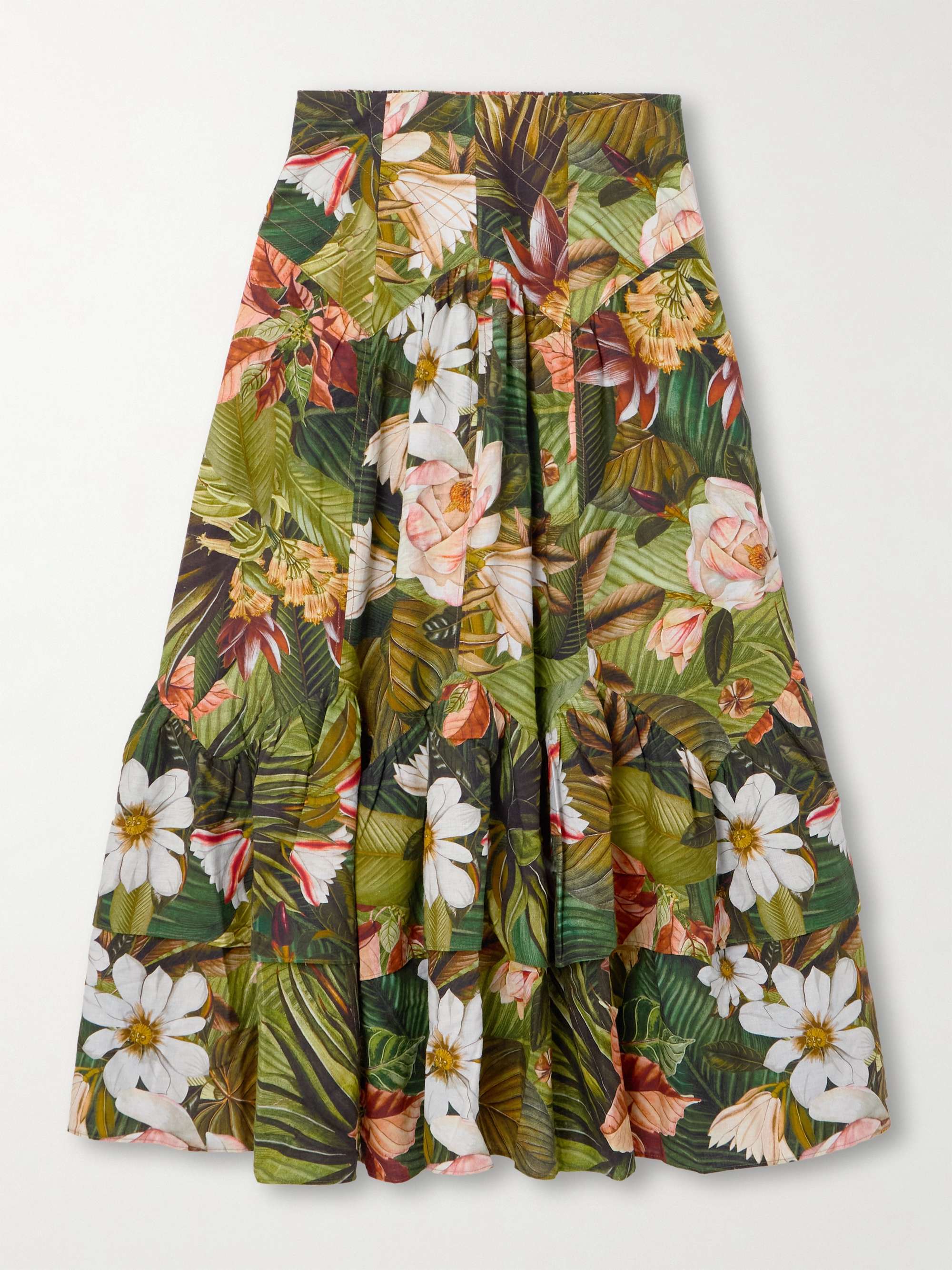 Botanical Forest asymmetric tiered linen-blend midi skirt view