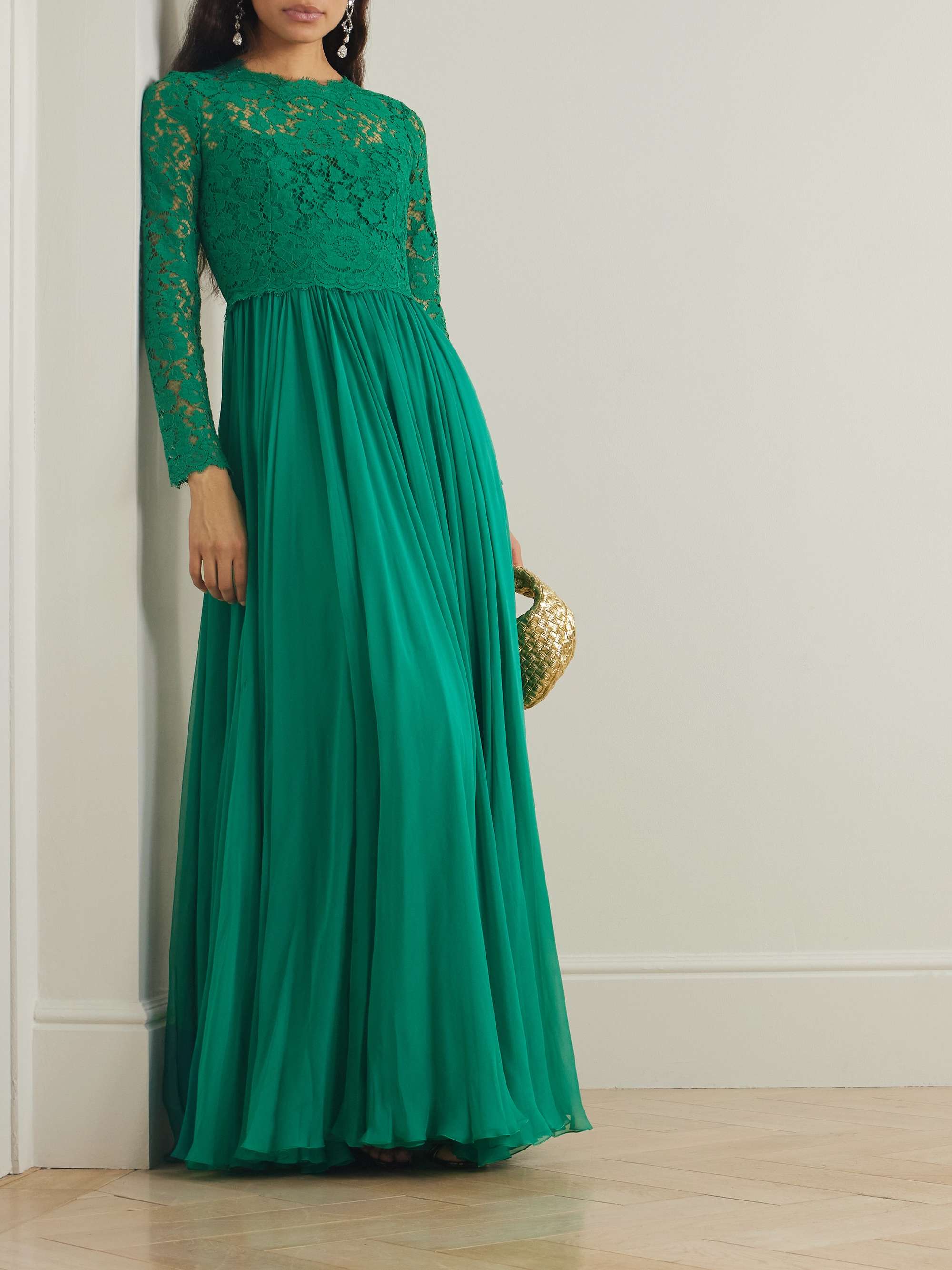 Silk-blend lace and pleated chiffon gown view