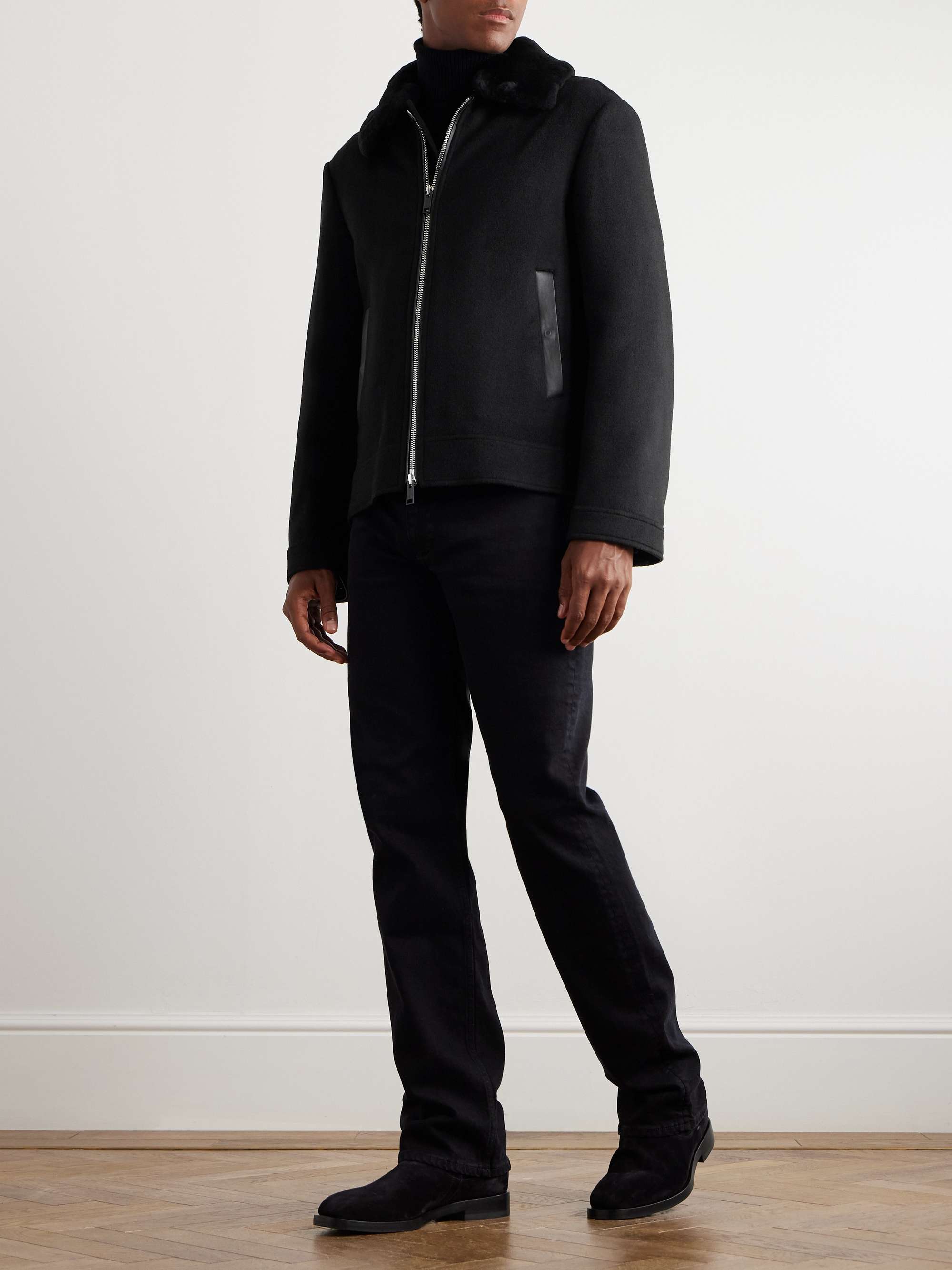Leather and Shearling-Trimmed Wool and Cashmere-Blend Jacket view