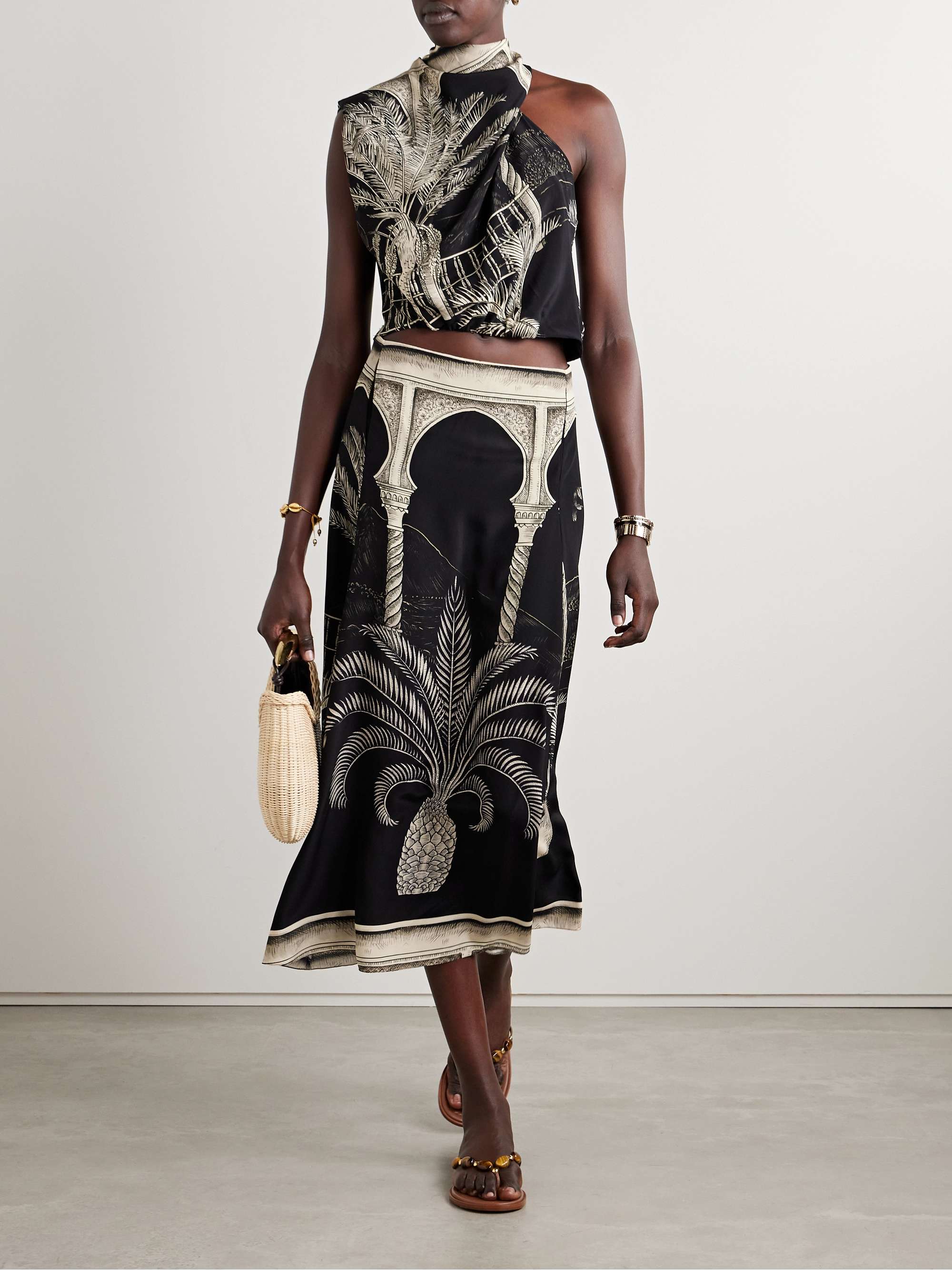 Natural Harbor one-sleeve draped printed silk crepe de chine top view
