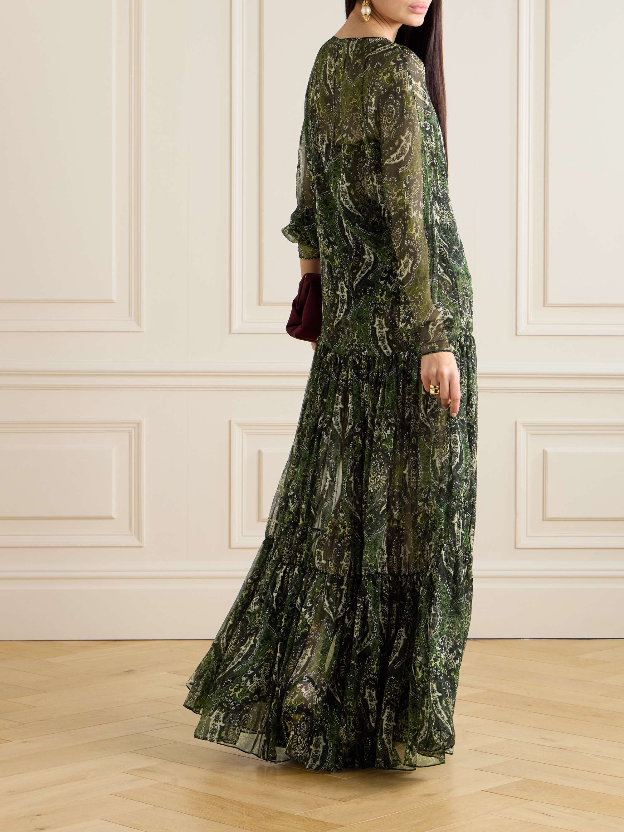 Pussy-bow shirred printed metallic silk-crepon maxi dress view