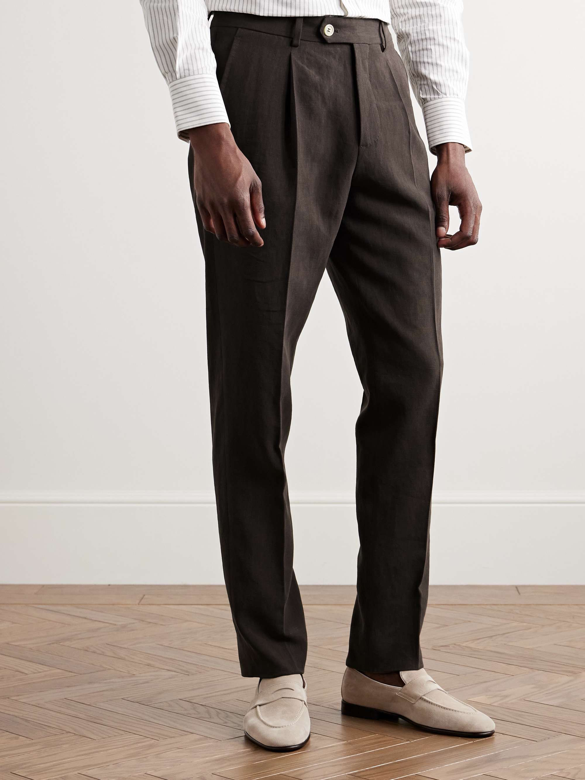 Slim-Fit Pleated Linen Suit Trousers view