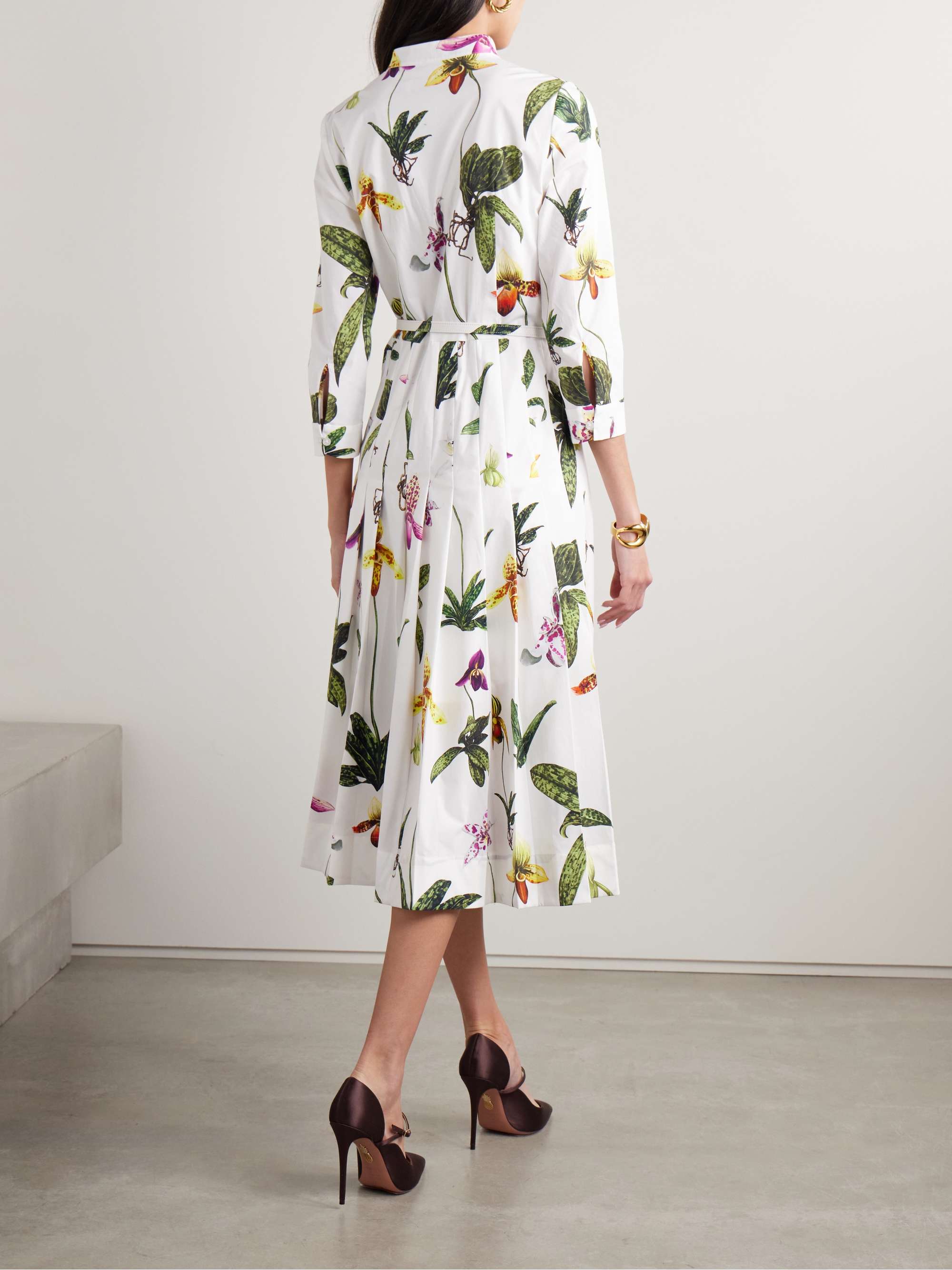 Belted pleated floral-print cotton-blend poplin midi shirt dress view