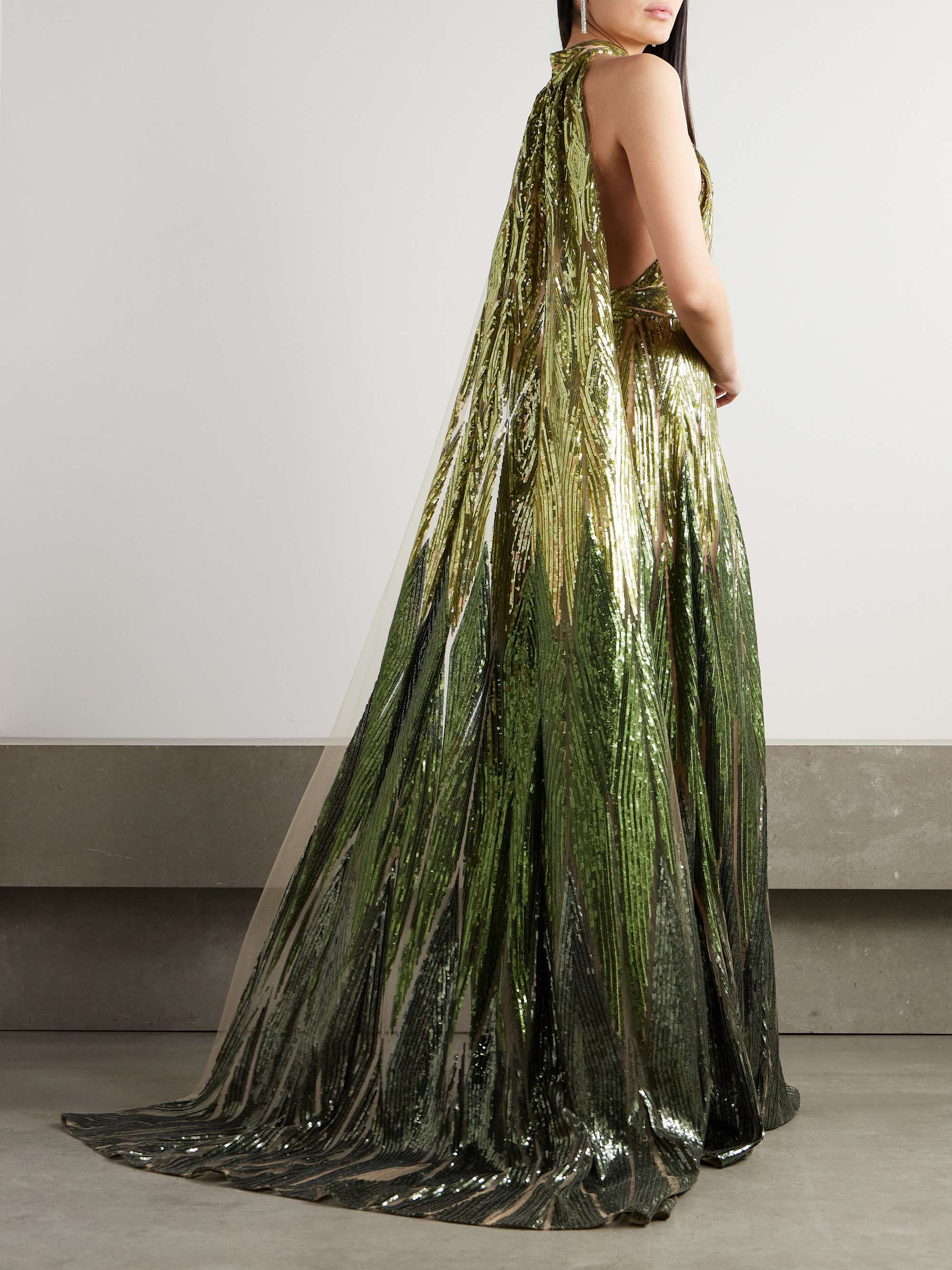 Cape-effect embroidered sequined tulle halterneck gown view