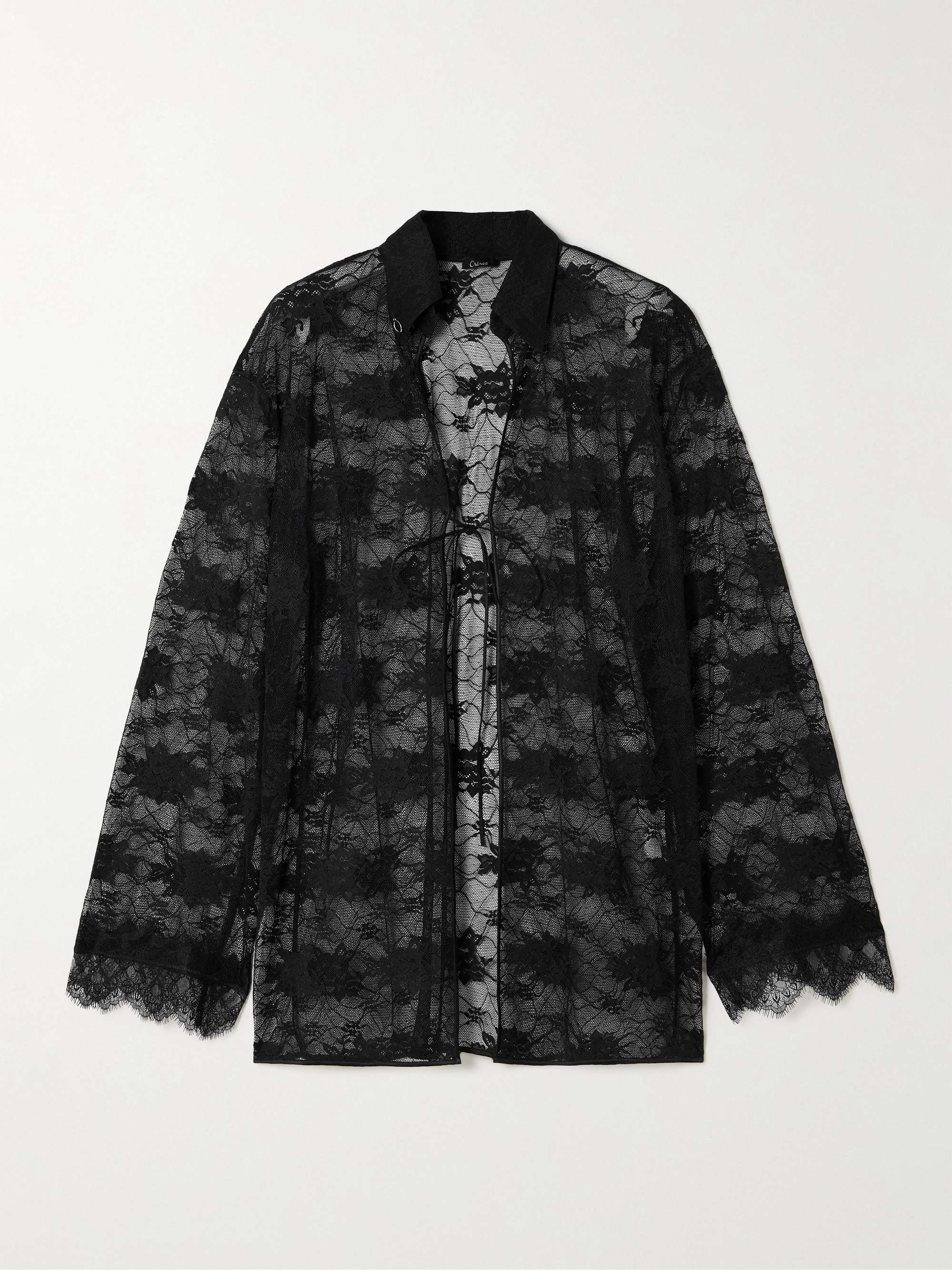 Satin-trimmed scalloped stretch-lace shirt view