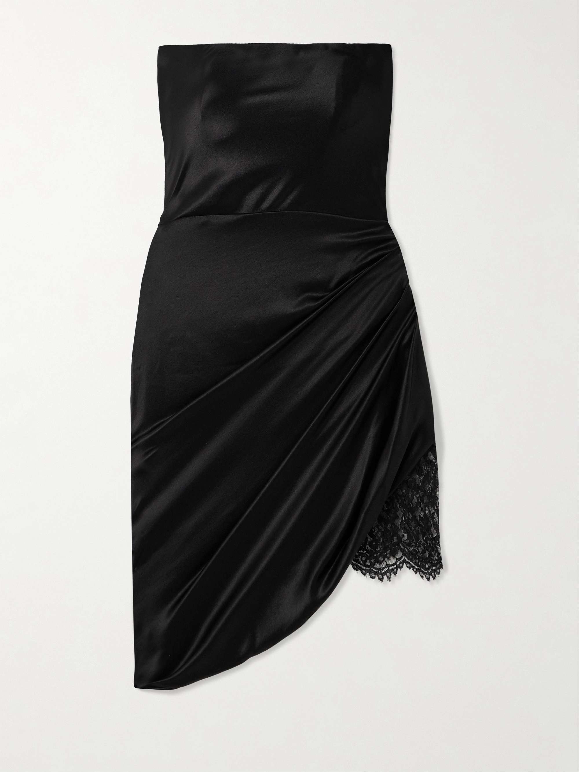 Strapless draped lace-trimmed silk-satin mini dress view