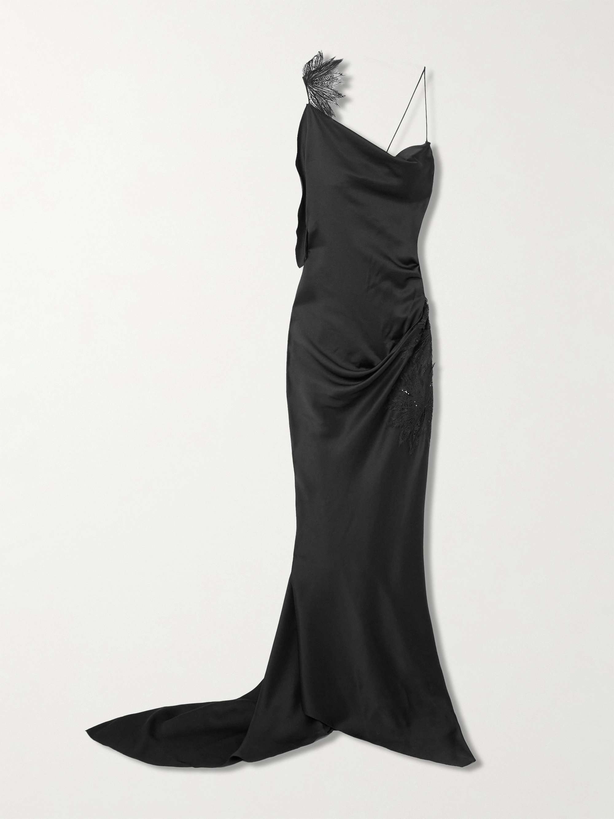 Asymmetric draped sequin-embellished lace-trimmed satin gown view