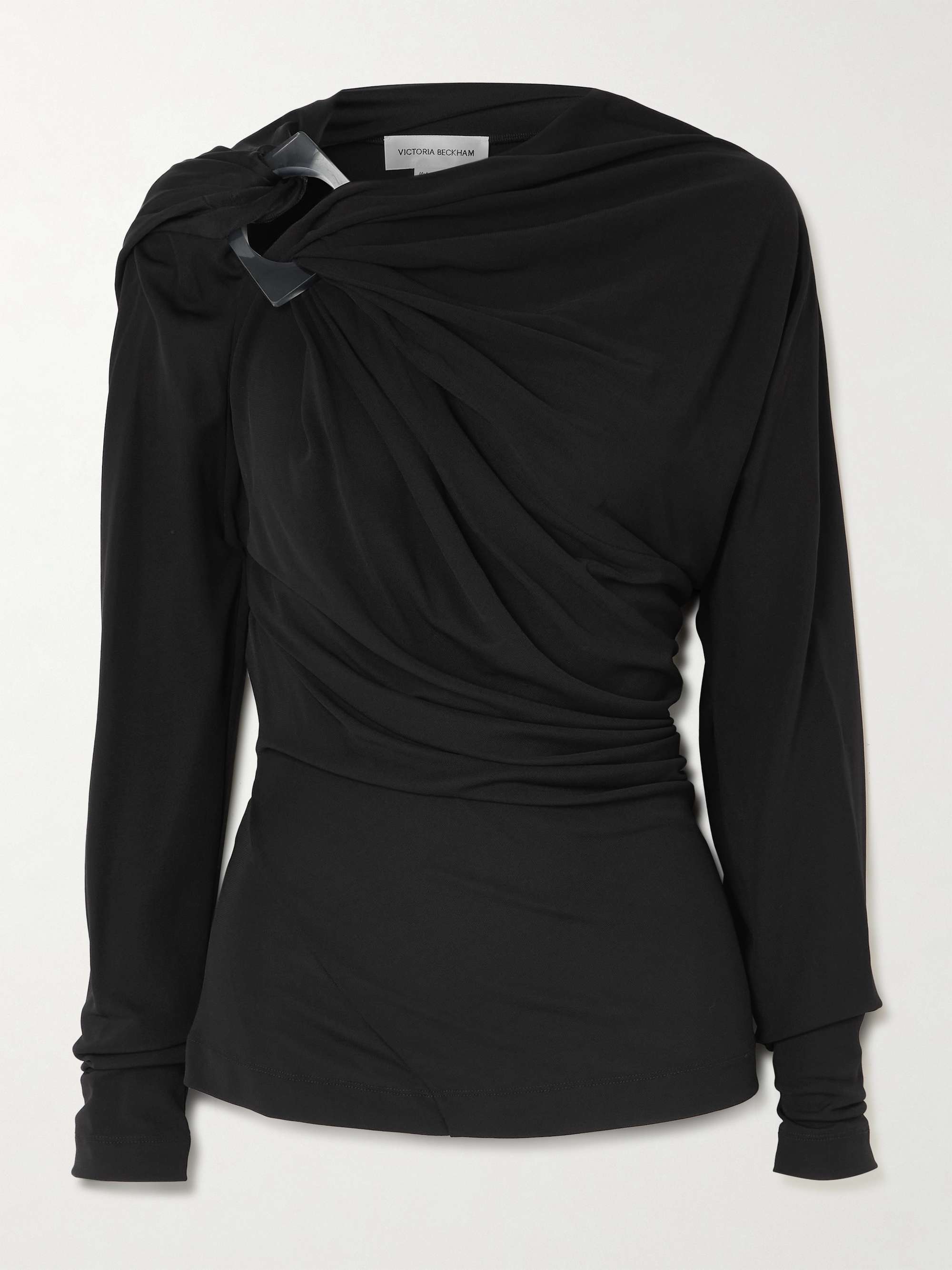 Asymmetric embellished draped jersey top view