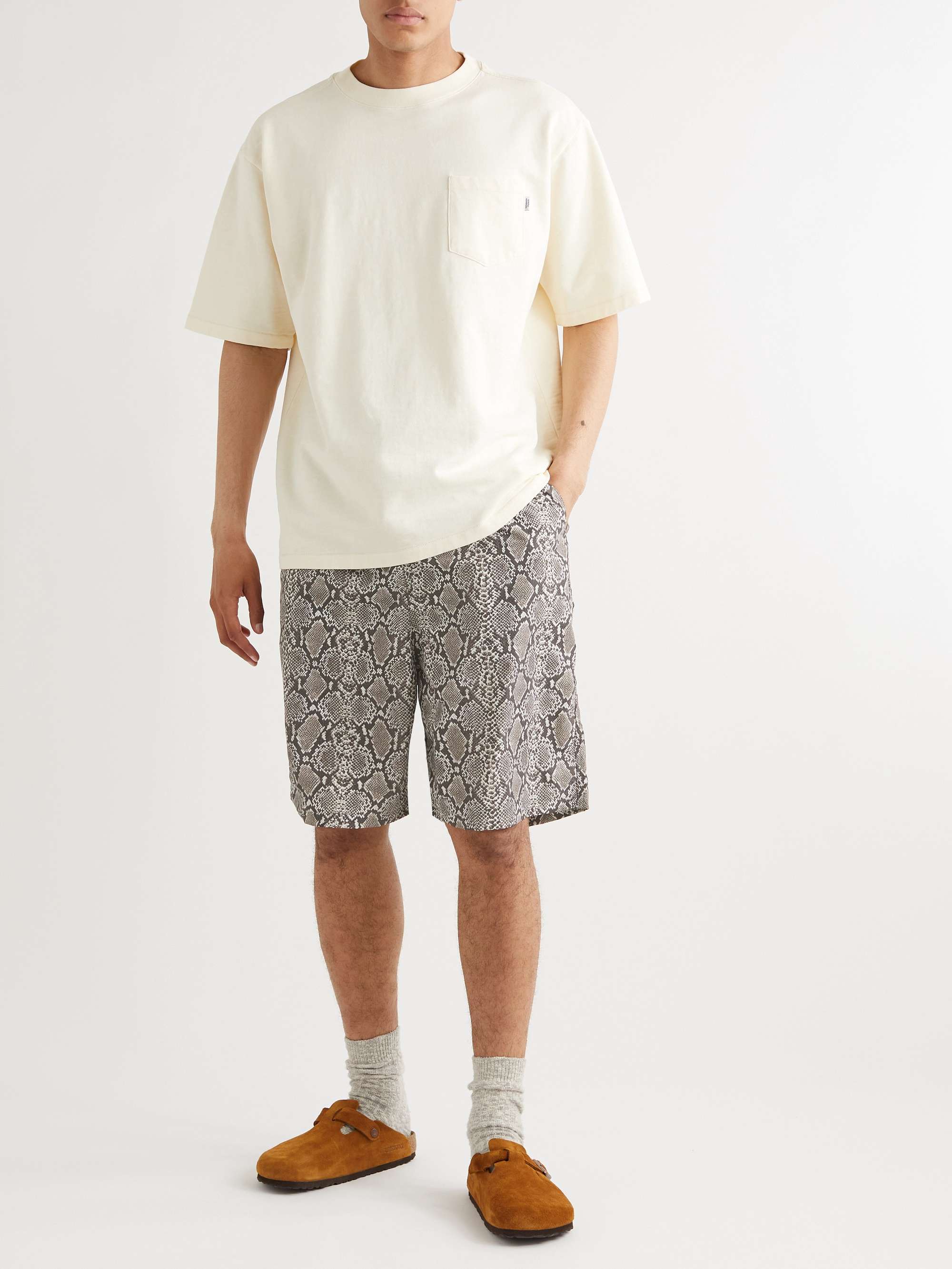 Straight-Leg Belted Snake-Print Taffeta Shorts view