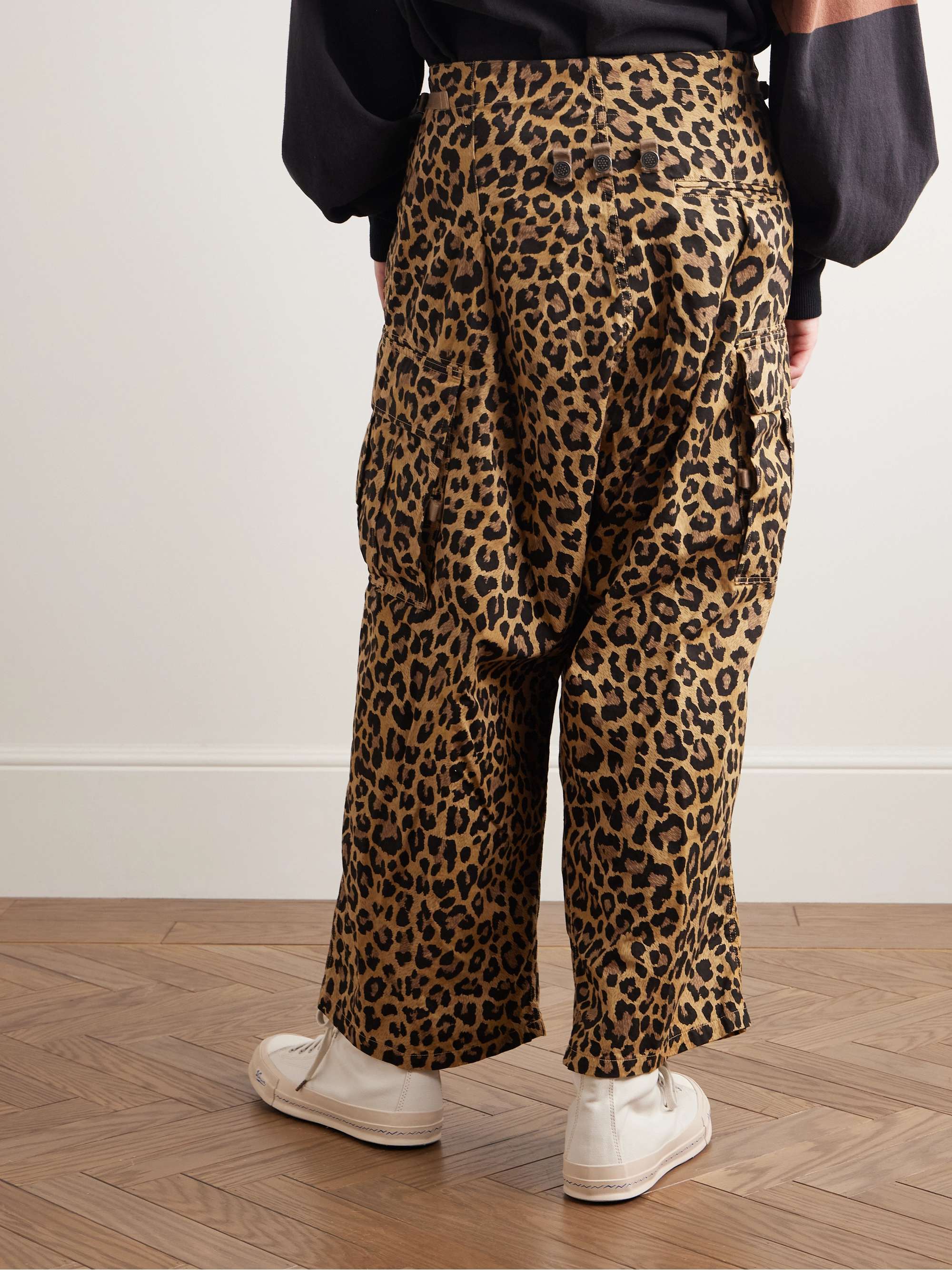 Wide-Leg Leopard-Print Herringbone Cotton Cargo Trousers view