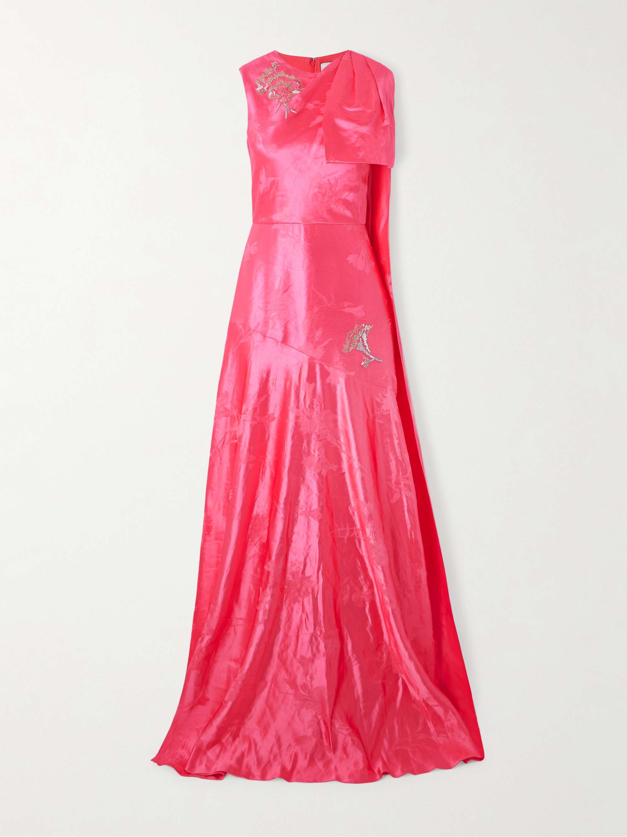 Asymmetric bow-detailed draped linen-blend jacquard gown view