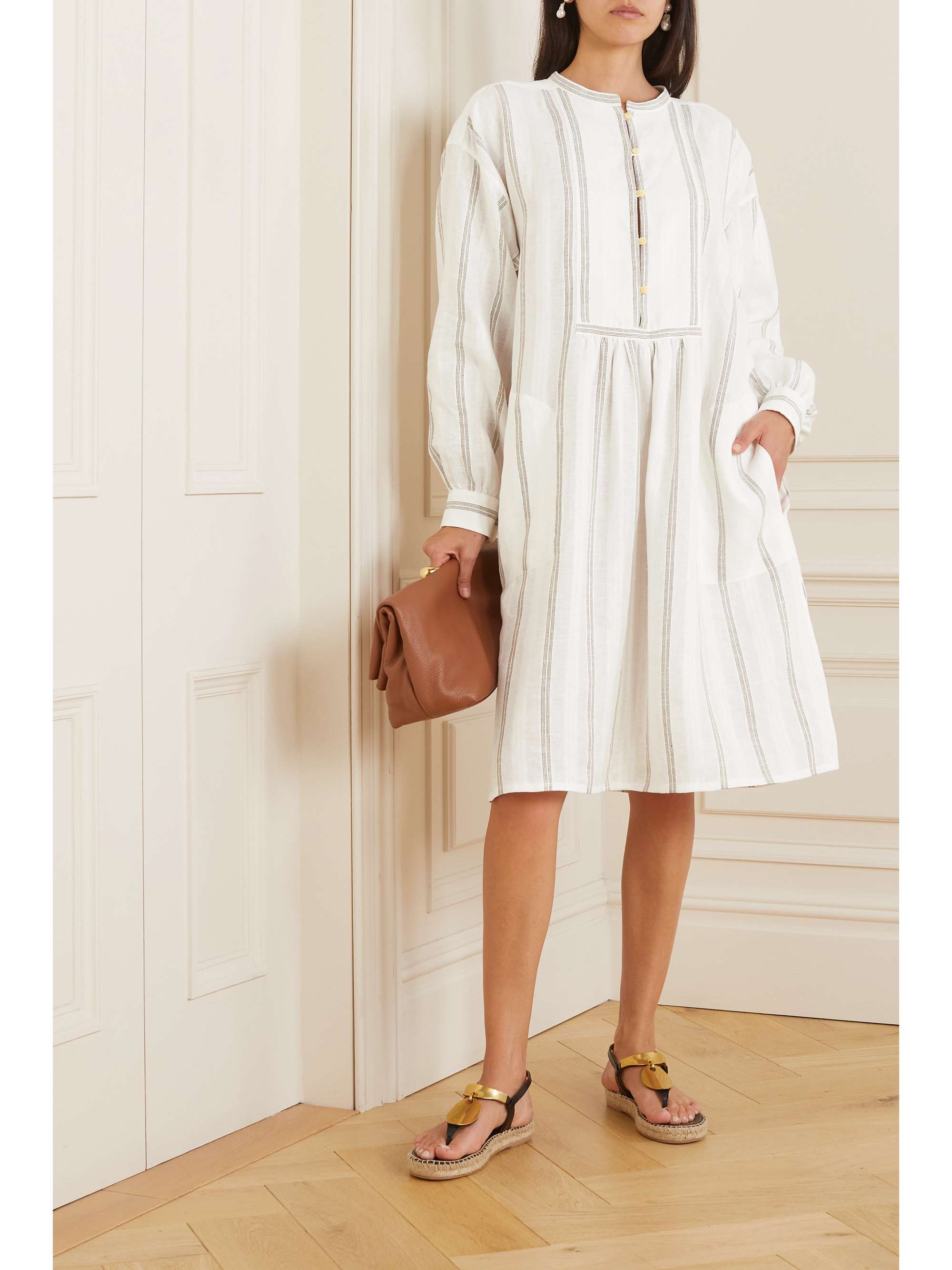 Pleated striped linen midi dress view