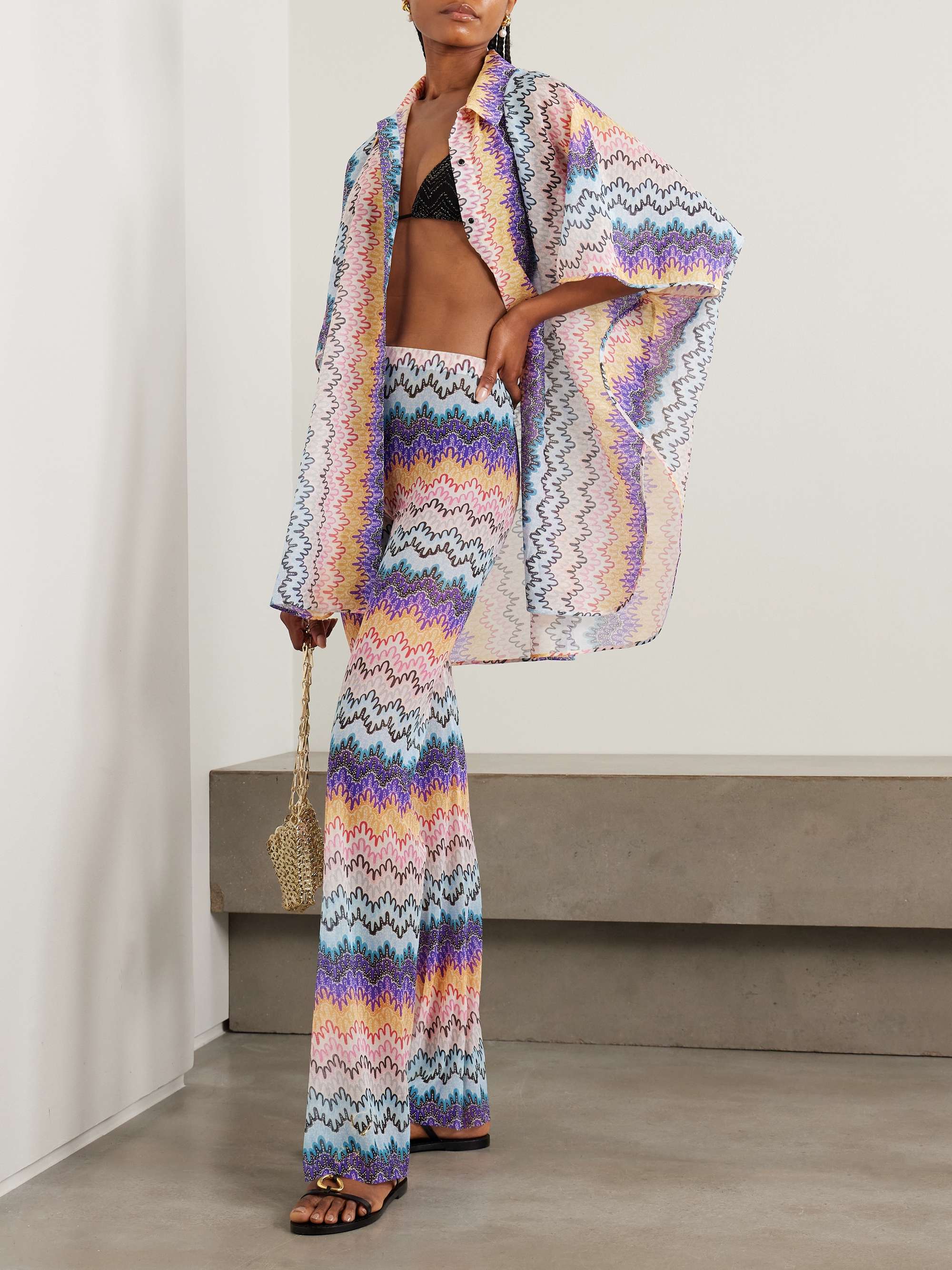 Printed mesh flared pants view