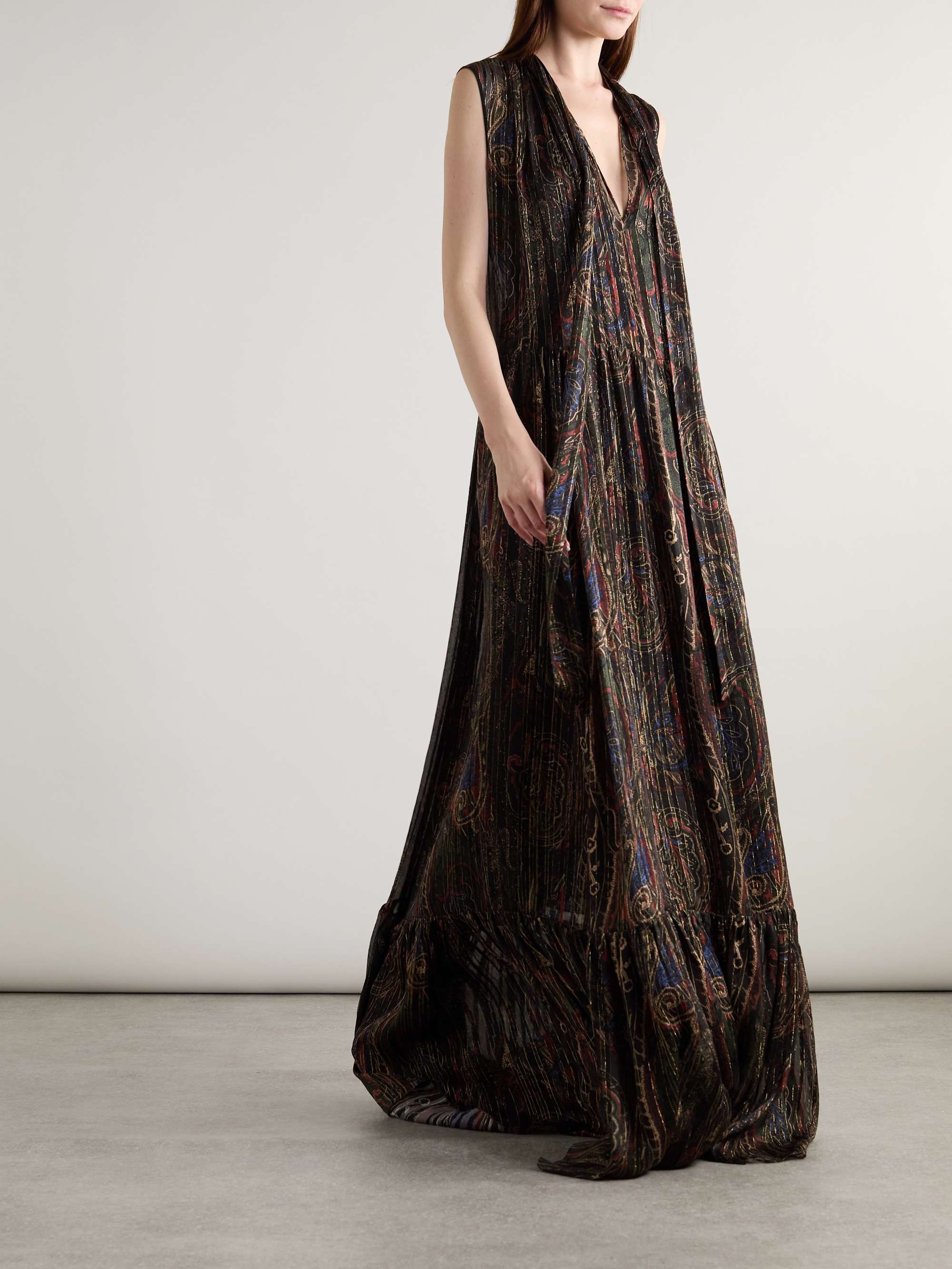 Pleated tiered paisley-print metallic silk-blend georgette maxi dress view