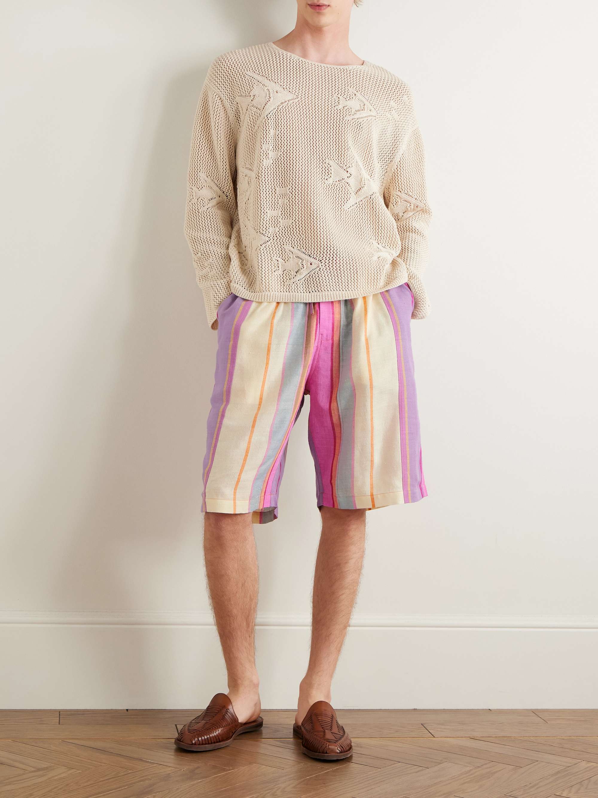 Milo Straight-Leg Striped Silk Drawstring Shorts view