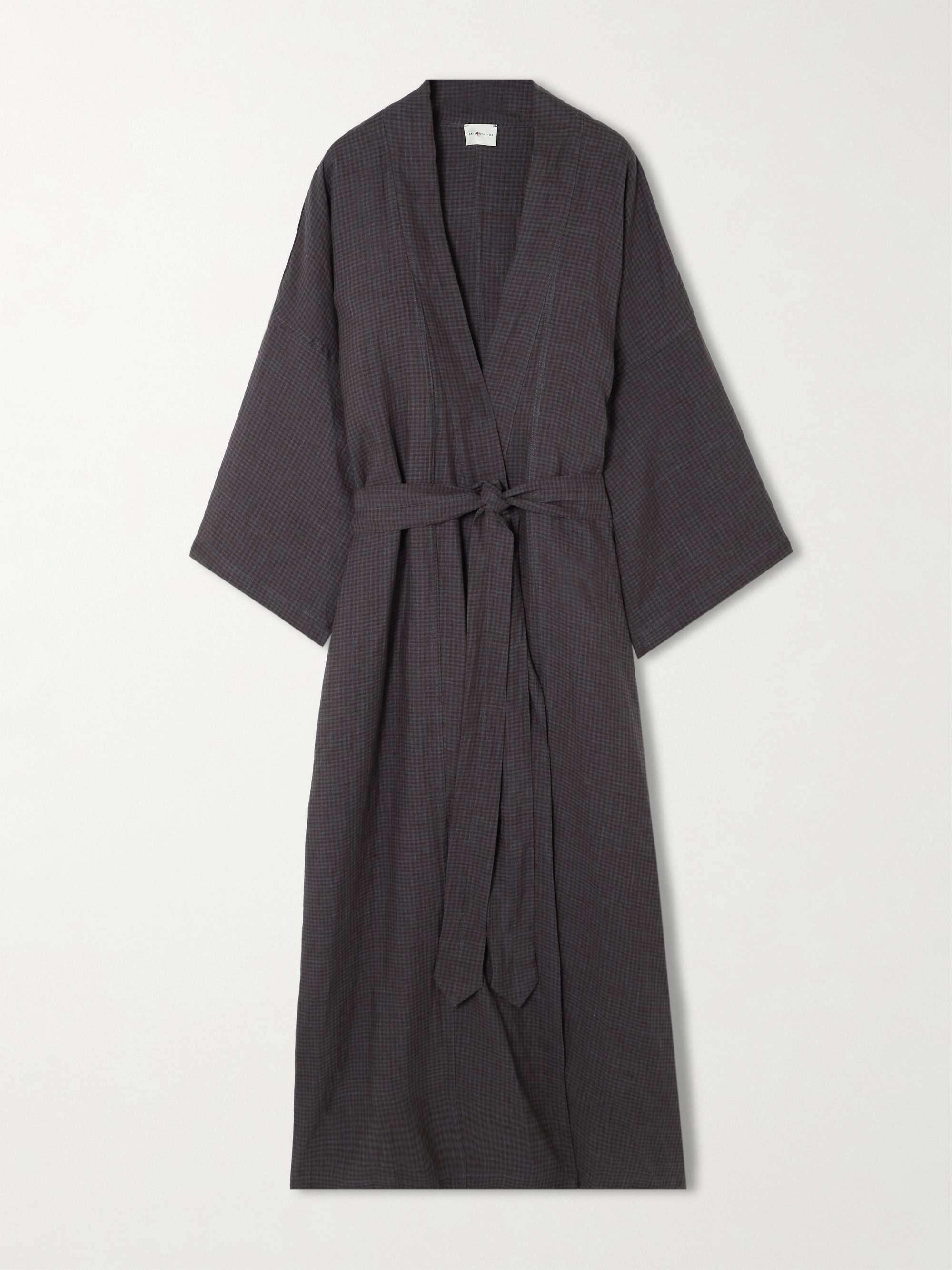 02 belted checked linen robe view