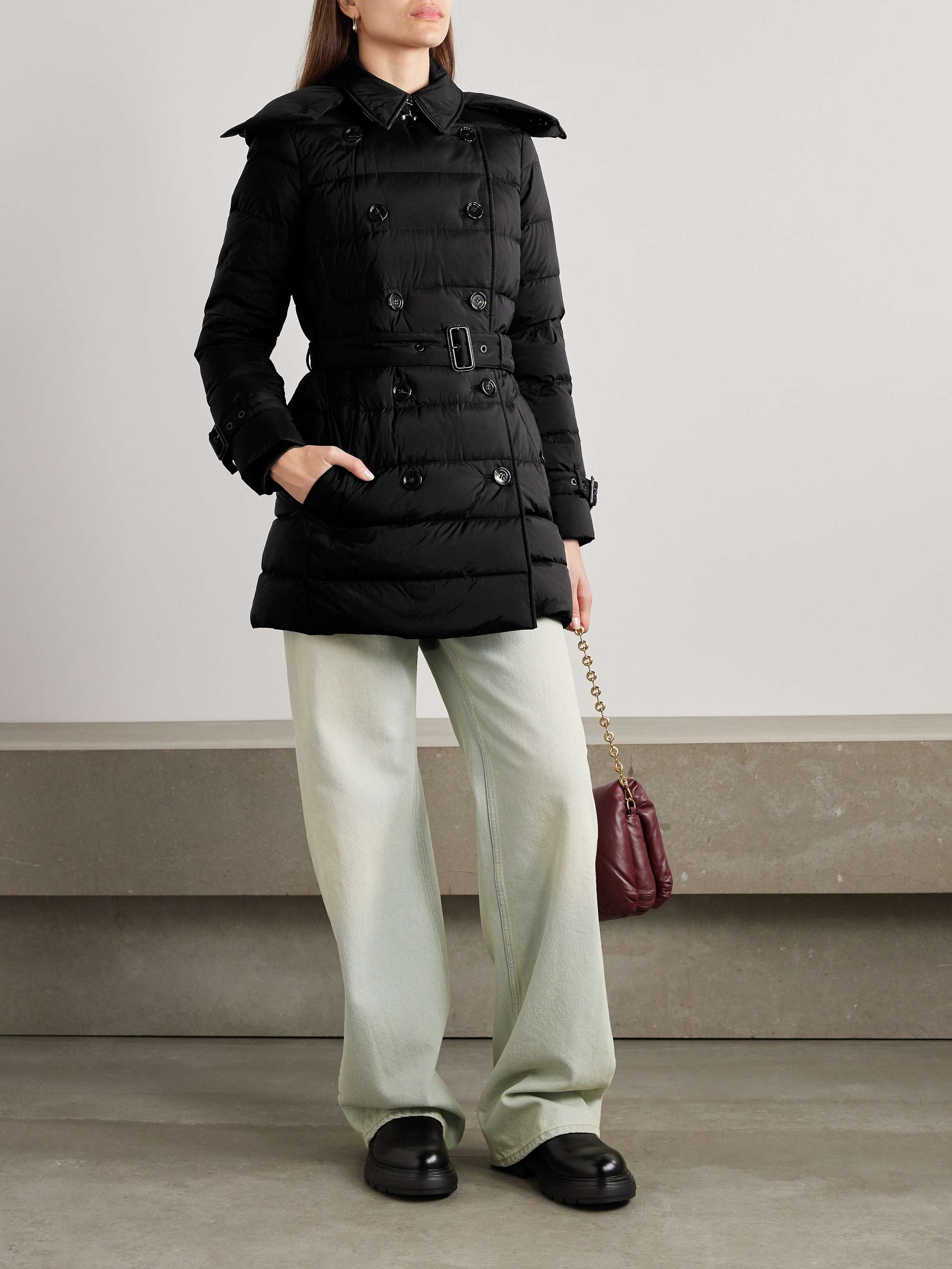 Hooded belted double-breasted quilted shell down coat view
