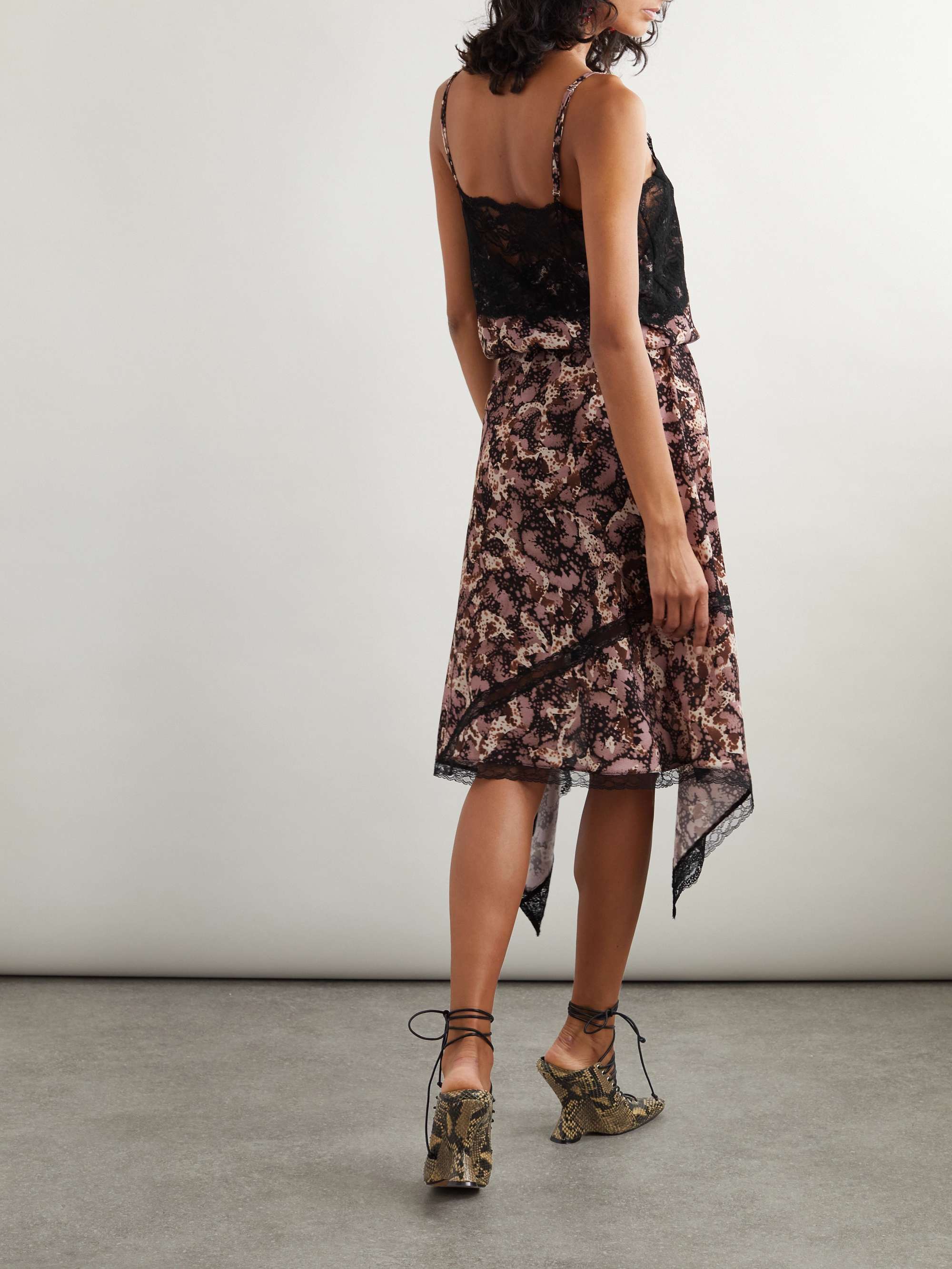 Asymmetric lace-trimmed printed chiffon midi dress view