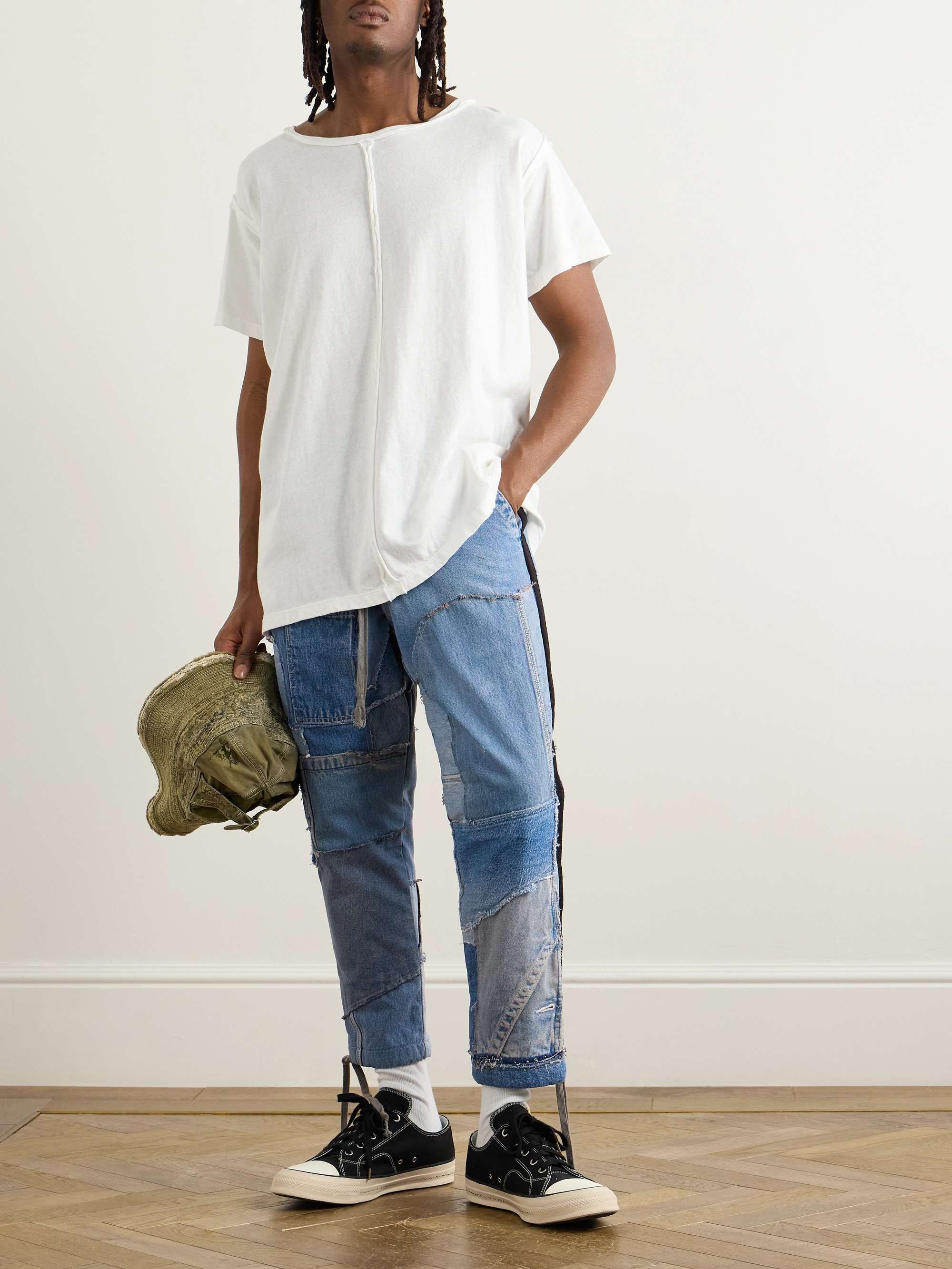 Tapered Cropped Frayed Patchwork Drawstring Jeans view